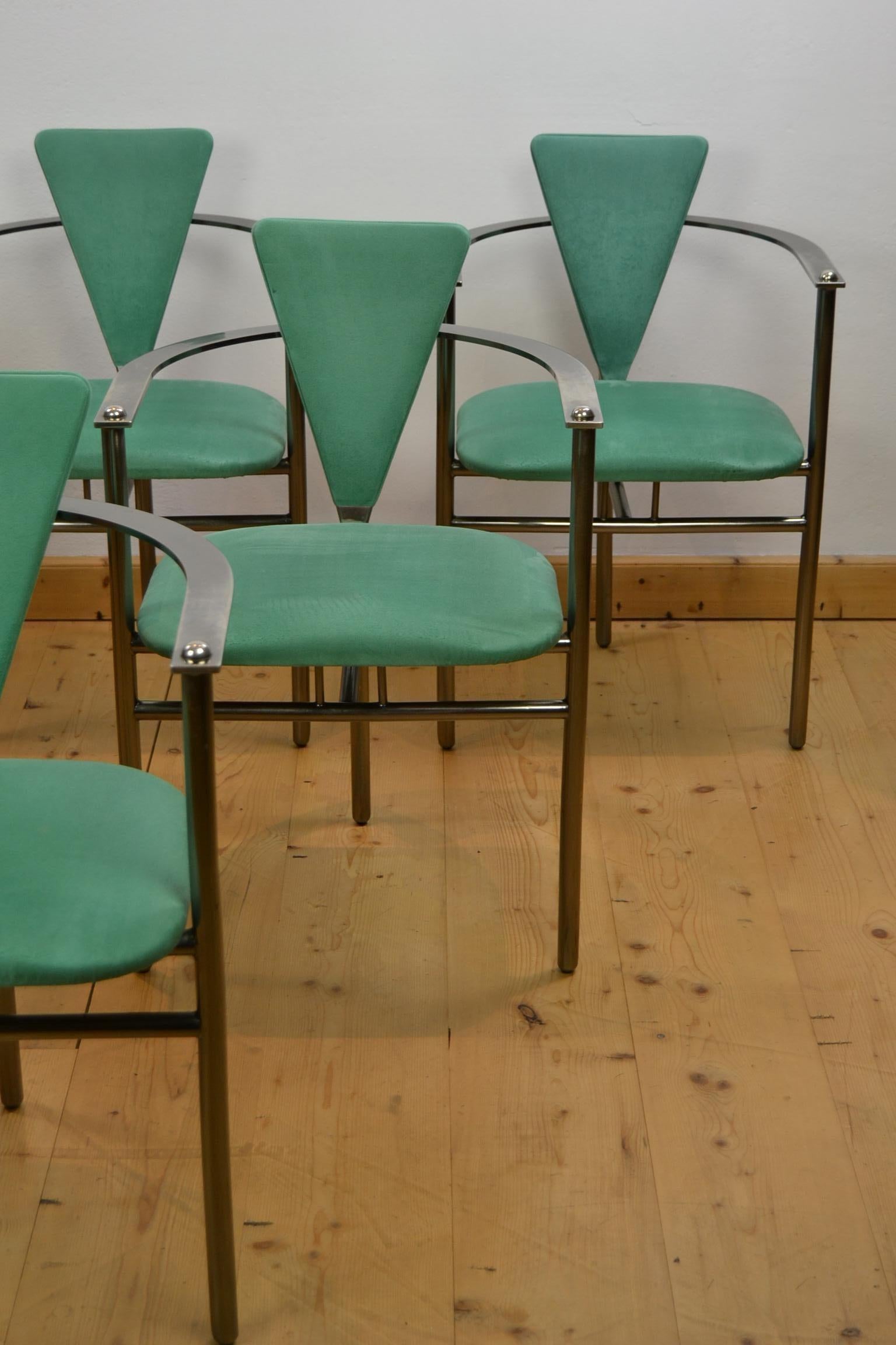 Modern Belgo Chrome Armchairs Green Alcantara and Steel, Set of 6, Belgium, 1970s