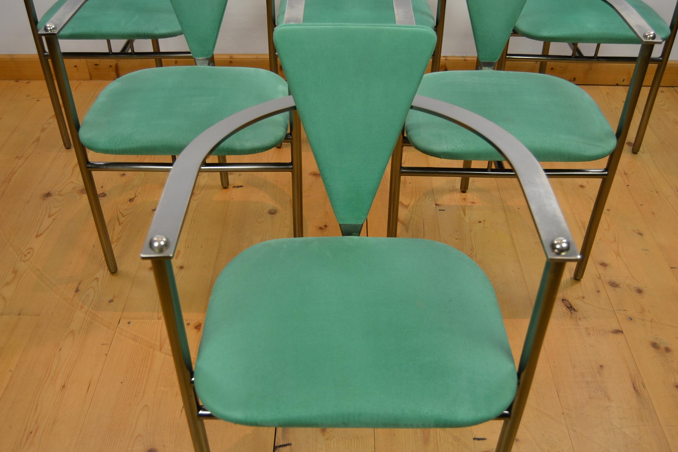 Belgian Belgo Chrome Armchairs Green Alcantara and Steel, Set of 6, Belgium, 1970s