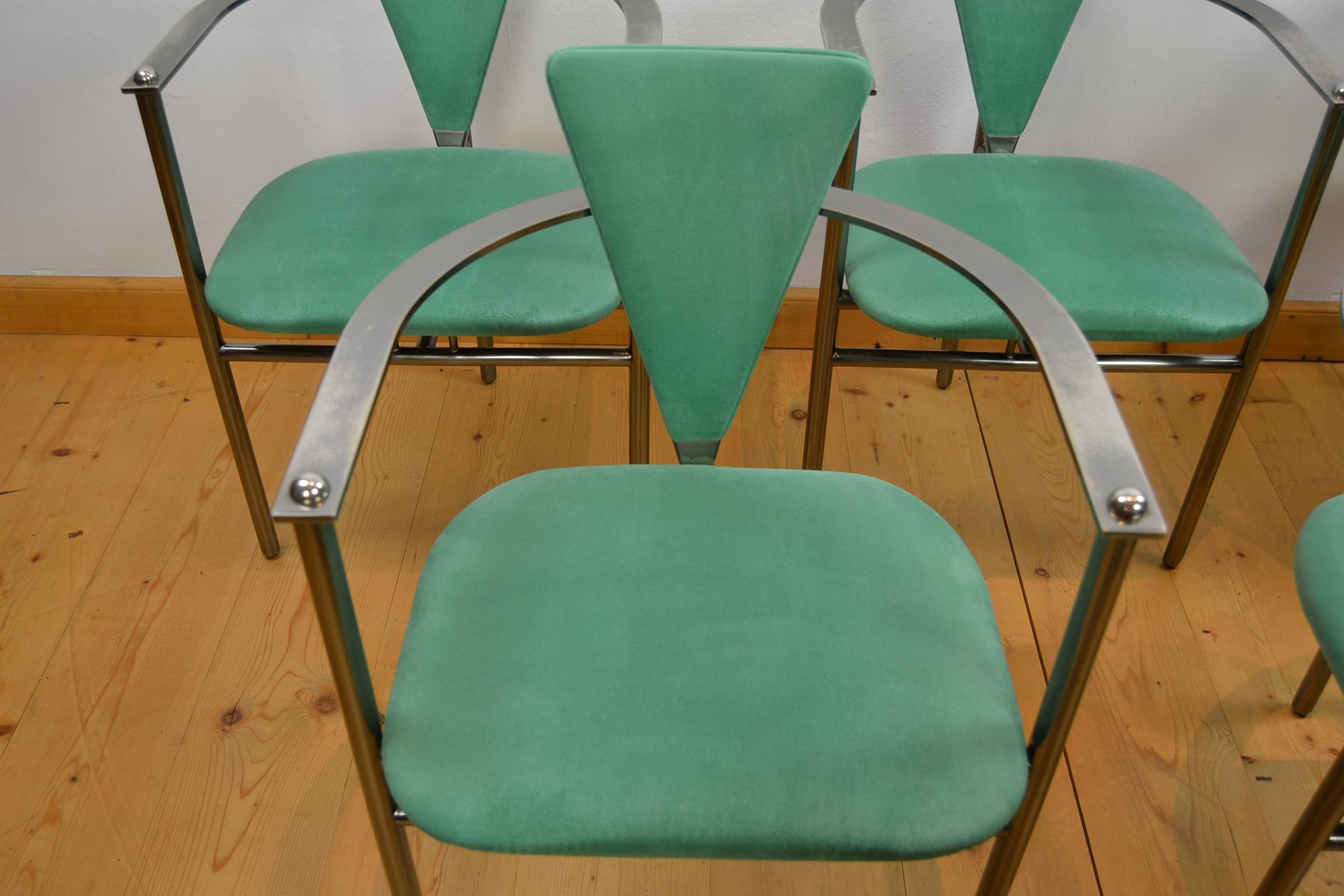 Belgo Chrome Armchairs Green Alcantara and Steel, Set of 6, Belgium, 1970s In Good Condition In Retie, BE