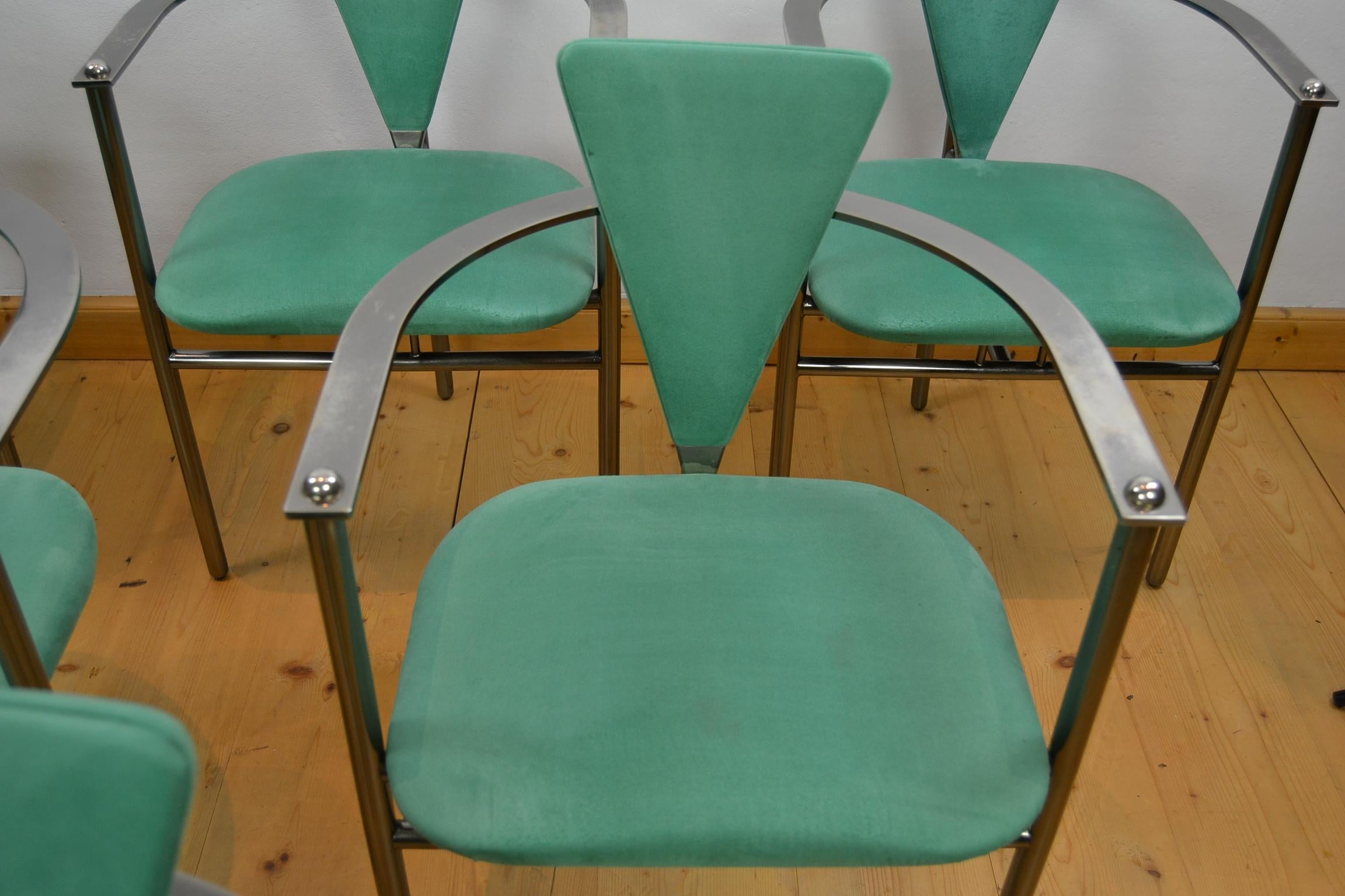 20th Century Belgo Chrome Armchairs Green Alcantara and Steel, Set of 6, Belgium, 1970s