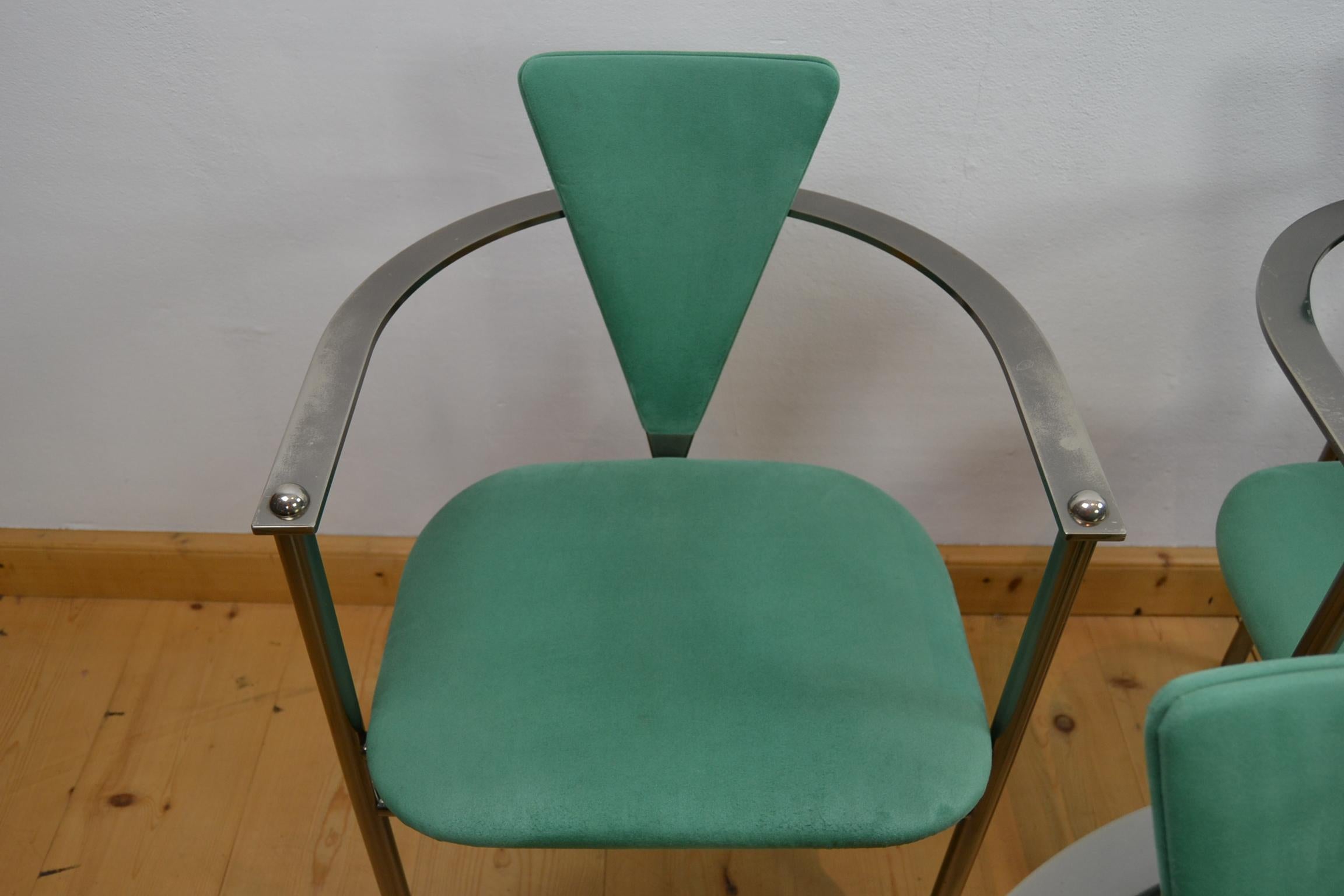 Stainless Steel Belgo Chrome Armchairs Green Alcantara and Steel, Set of 6, Belgium, 1970s