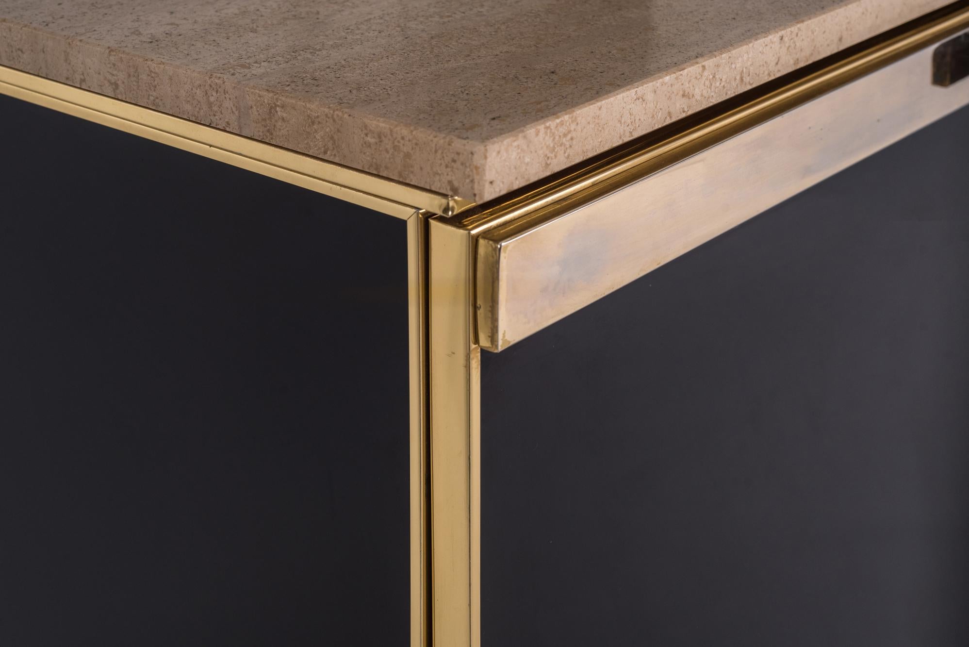 Late 20th Century Belgo Chrom Brass and Lacquer High-Board with Travertine Top