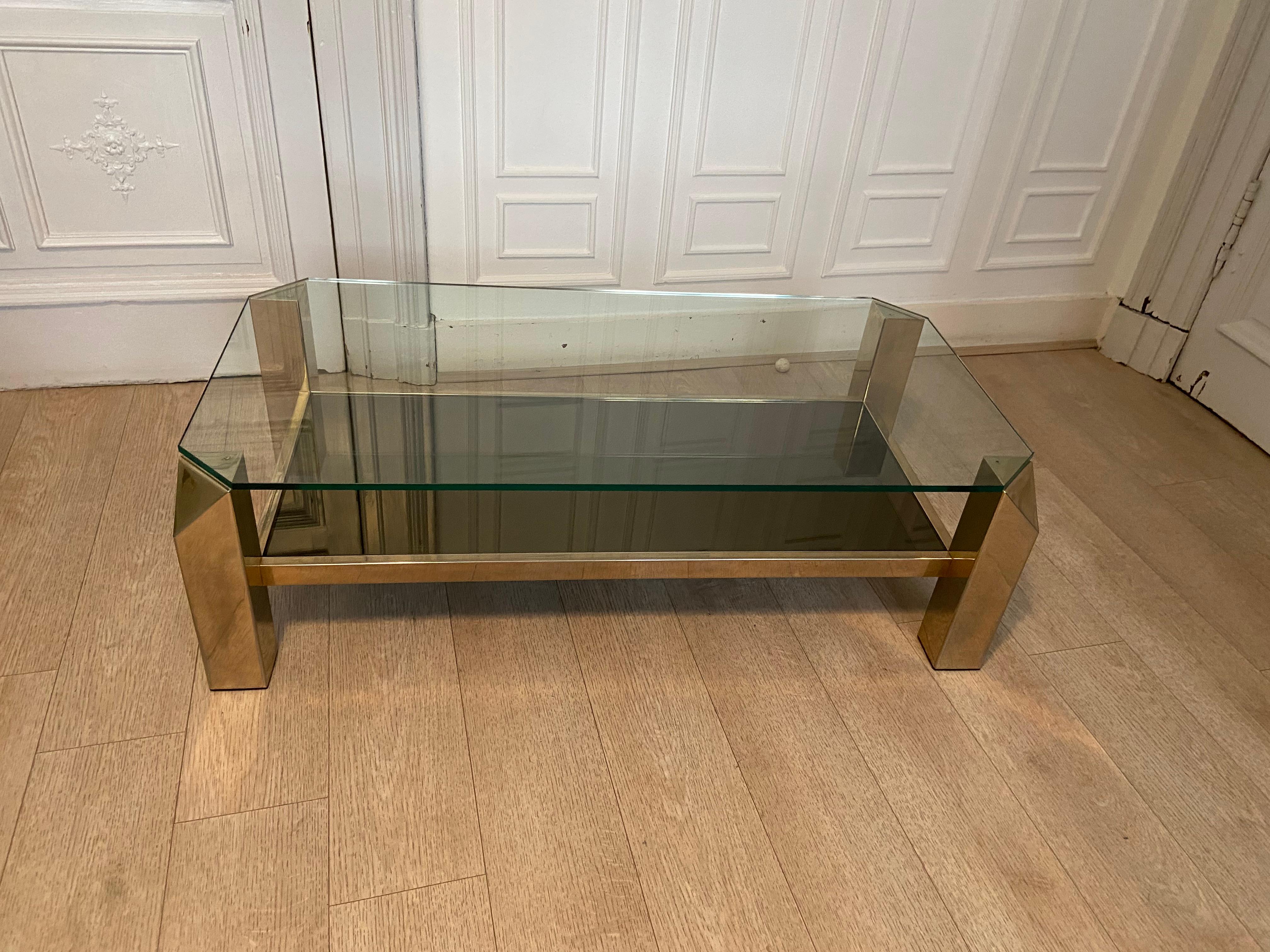 Produced by belgo chrom in the 70s. Metal structure gilded with fine 23 carat gold. Upper tray in transparent glass. Lower tray in bronze mirror. Very good vintage condition.
 