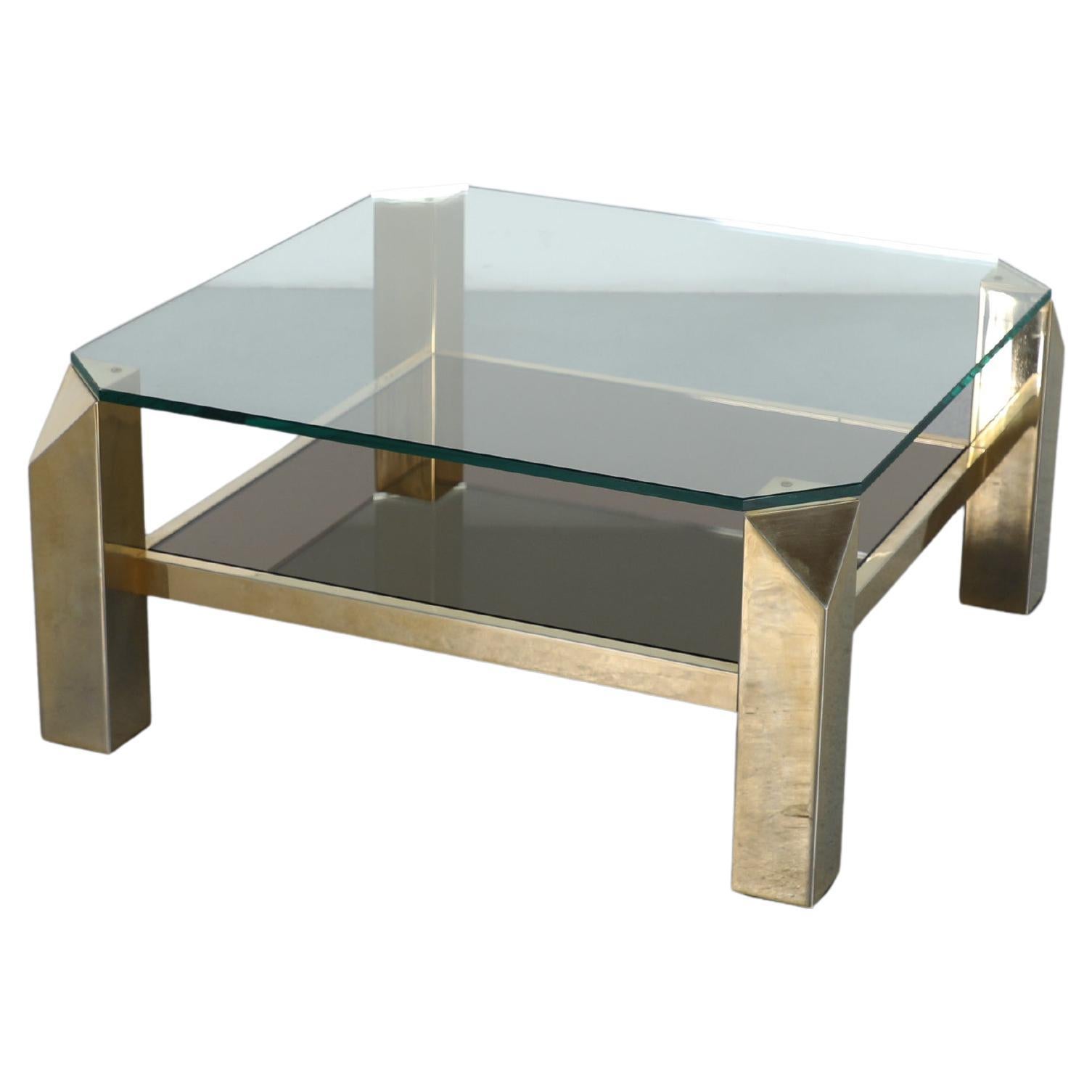 Belgo Chrom Gold Plated Coffee Table with Smoked Glass Shelf 1970s For Sale