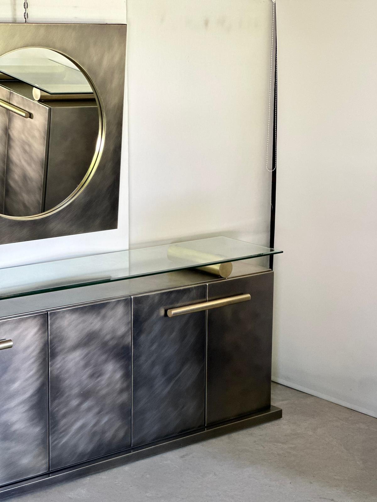 Mid-Century moderno Credenza Belgo Chrom con mobile e specchio in acciaio inossidabile spazzolato, anni '80 in vendita