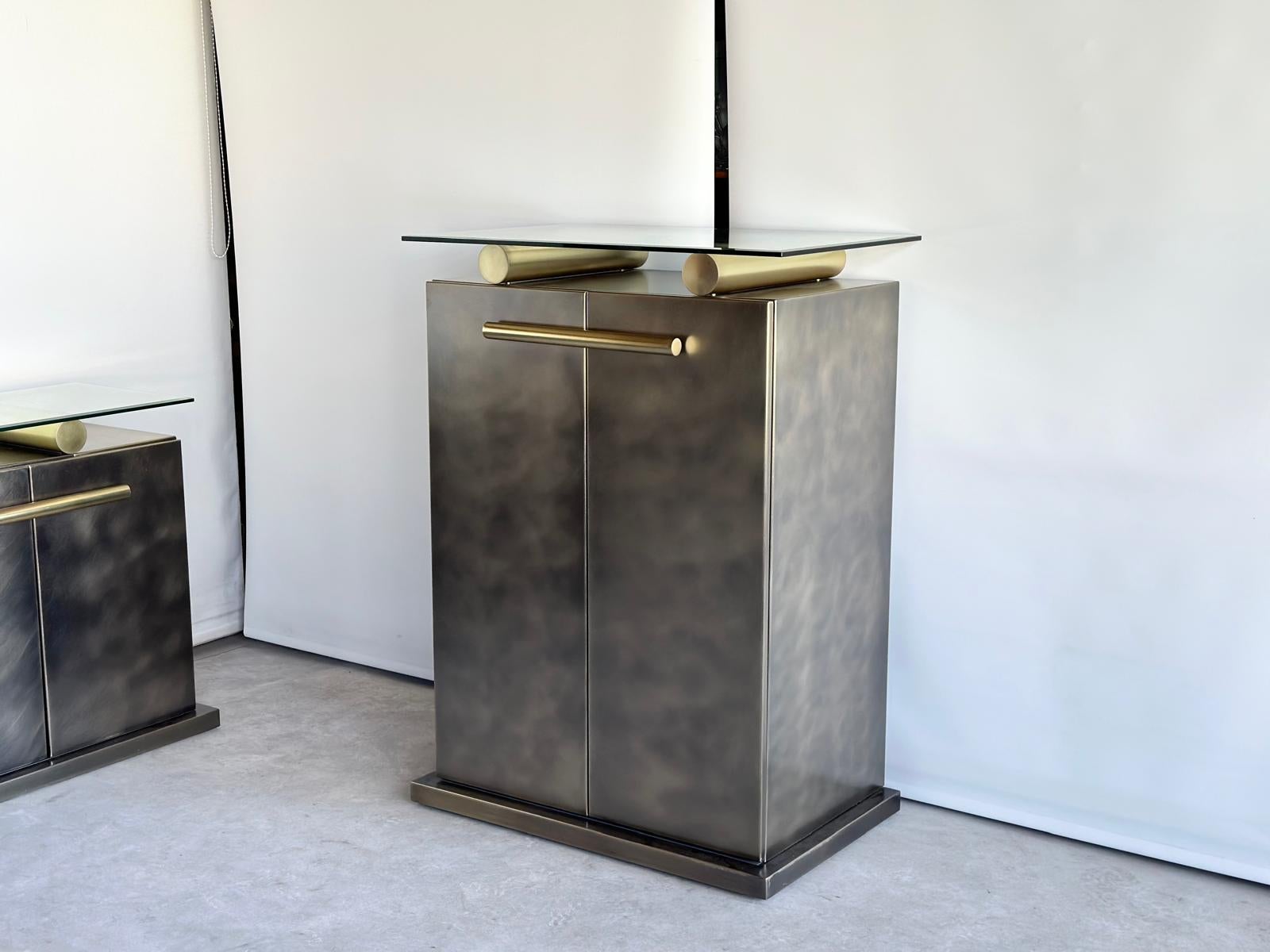Metallo Credenza Belgo Chrom con mobile e specchio in acciaio inossidabile spazzolato, anni '80 in vendita