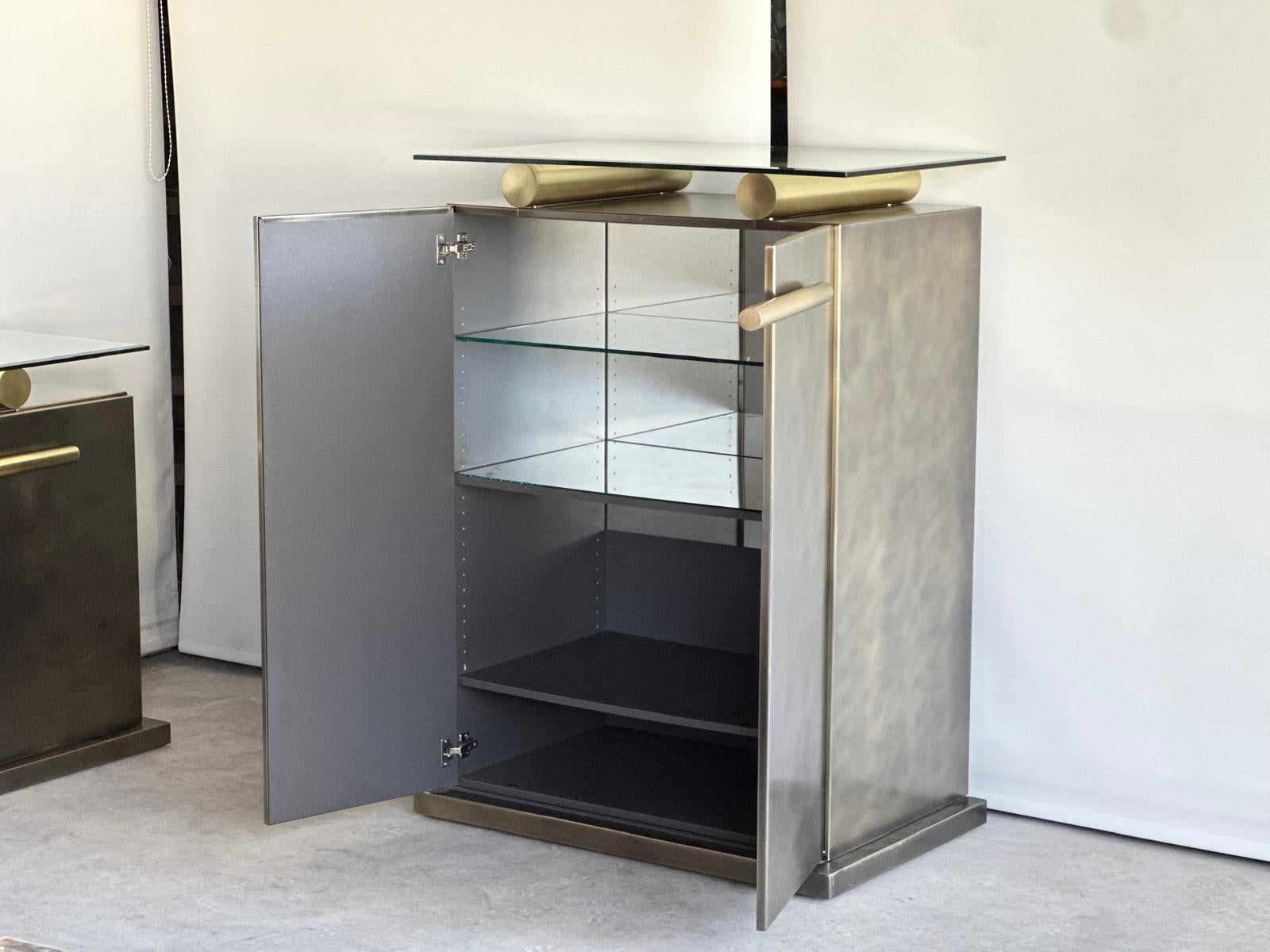 Credenza Belgo Chrom con mobile e specchio in acciaio inossidabile spazzolato, anni '80 in vendita 1