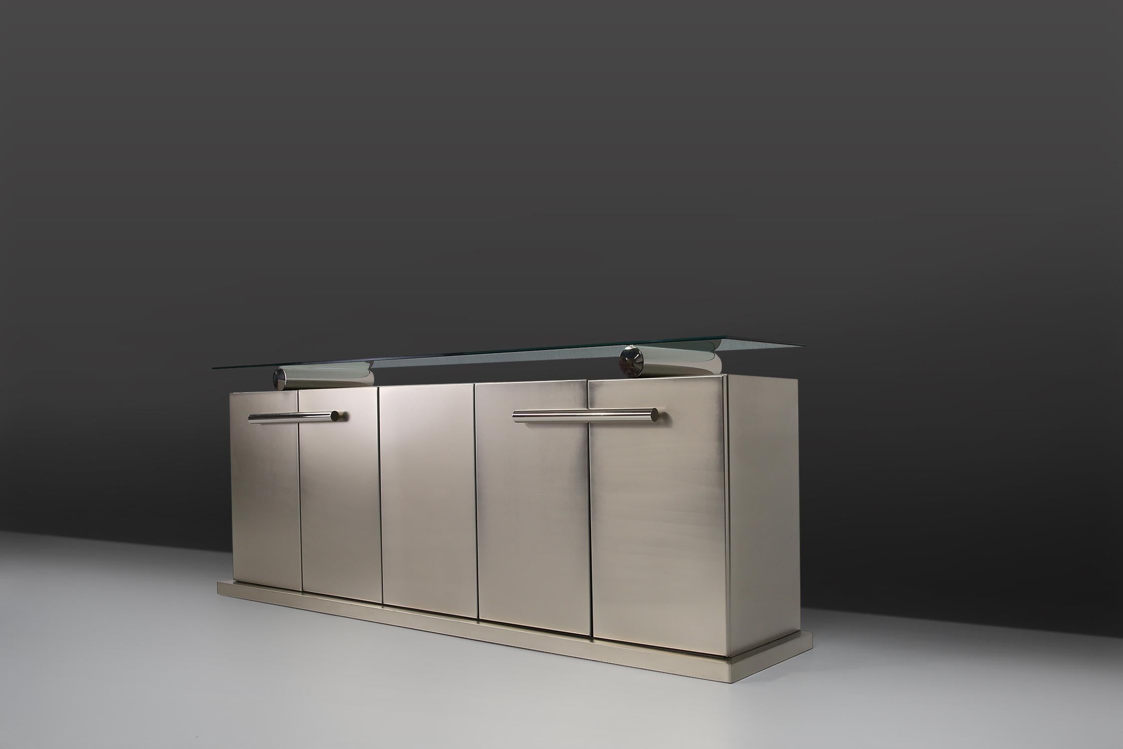 Regency Belgo Chrom Sideboard with Floating Glass in Brushed Stainless Steel