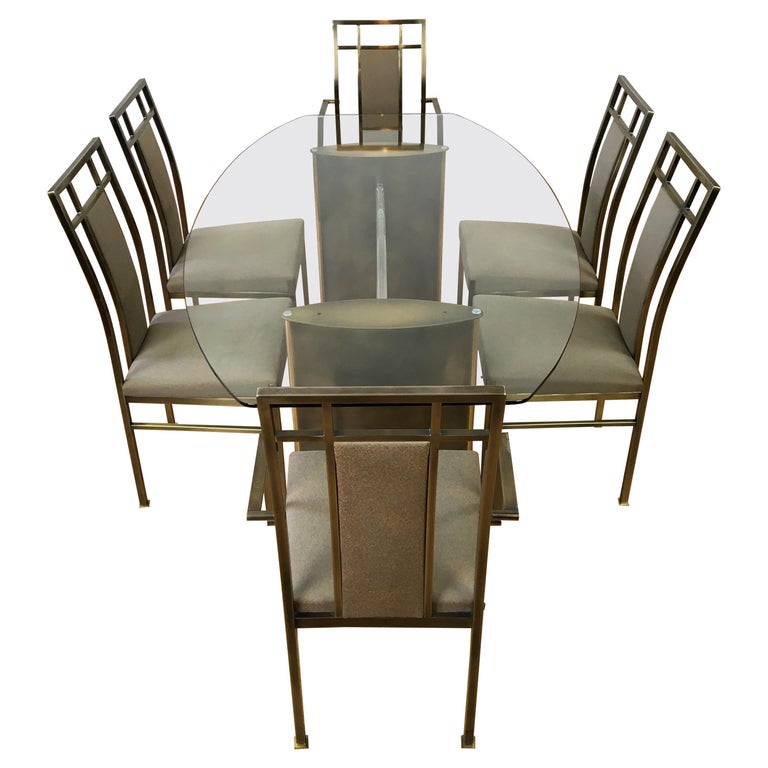 Belgo Chrome Dining Room Set, Glass Table with 6 Chairs For Sale at 1stDibs