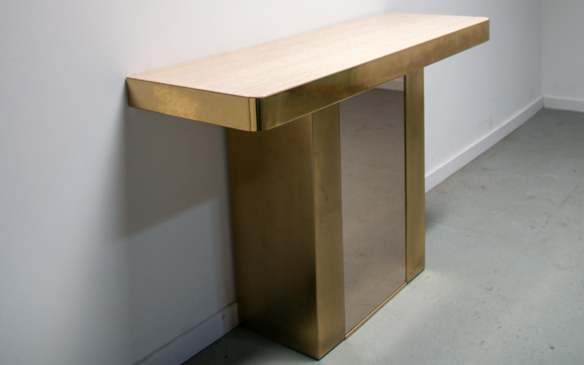 Hollywood Regency Belgo chrome travertine and brass console table