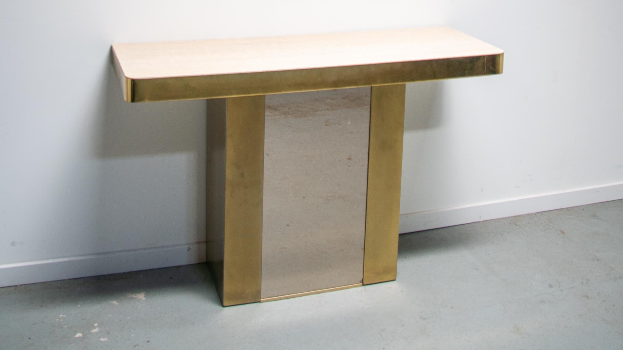 Belgian Belgo chrome travertine and brass console table