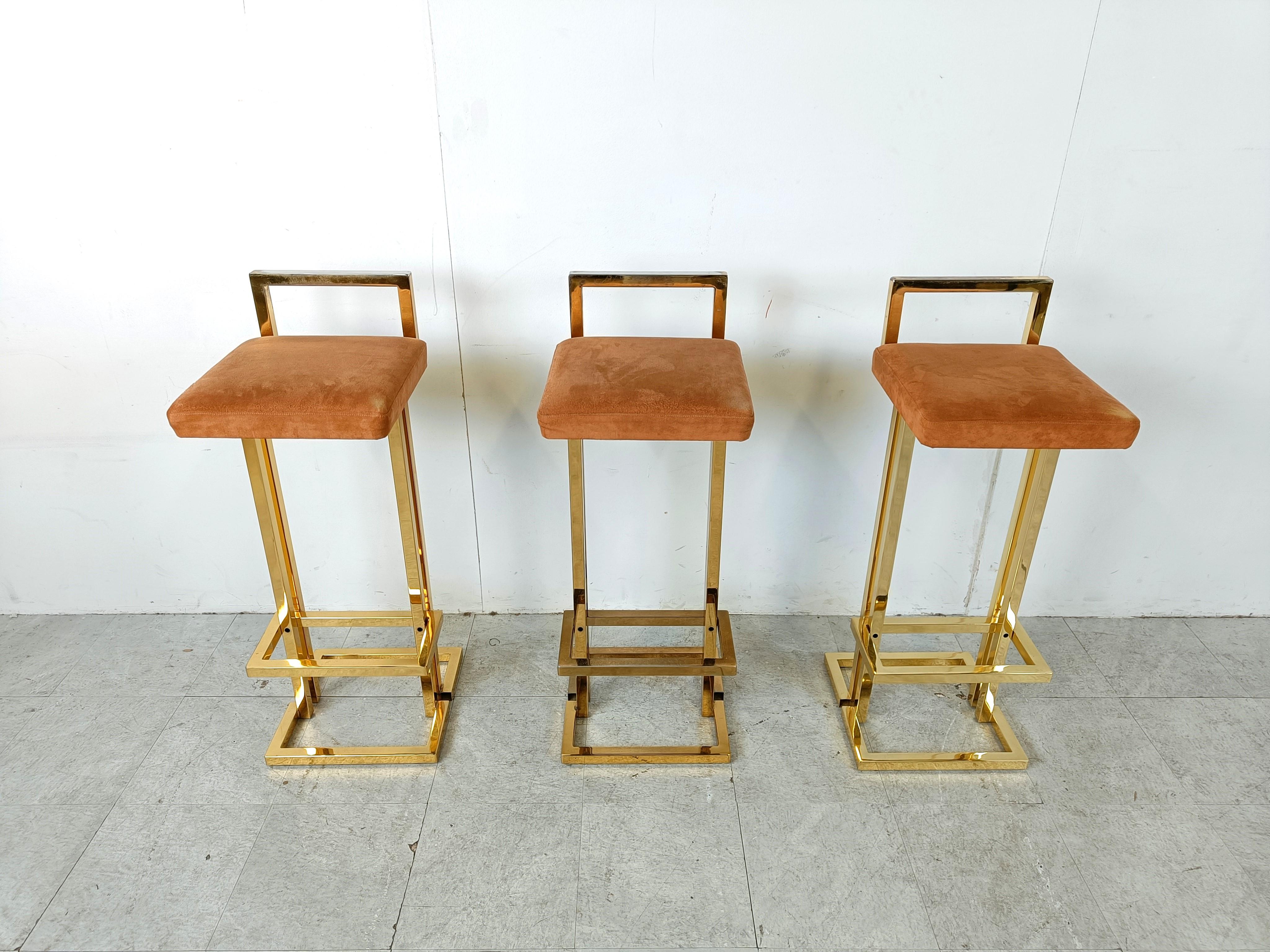 Hollywood Regency Belgochrom brass bar stools, set of 3, 1970s