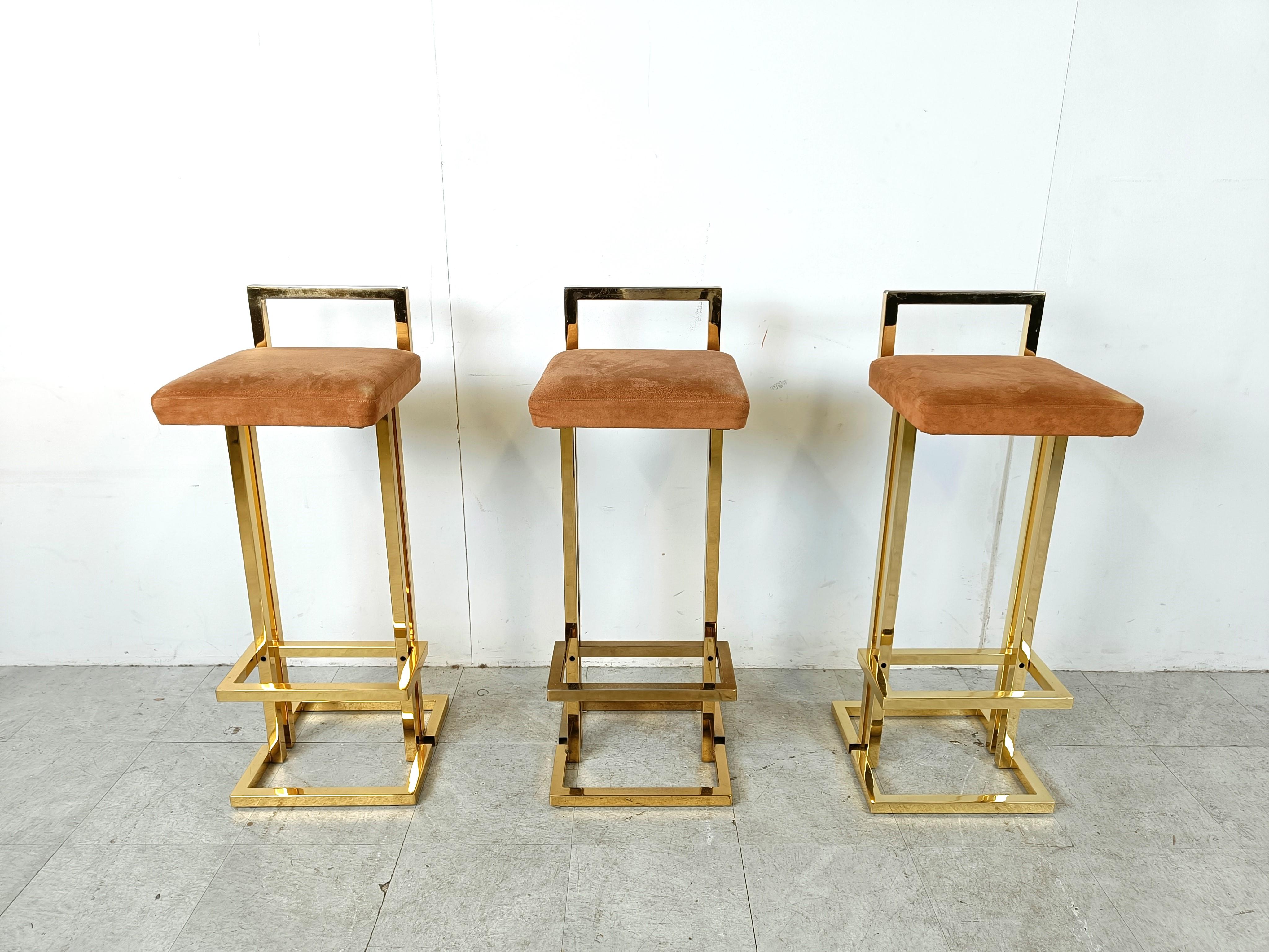 Belgian Belgochrom brass bar stools, set of 3, 1970s
