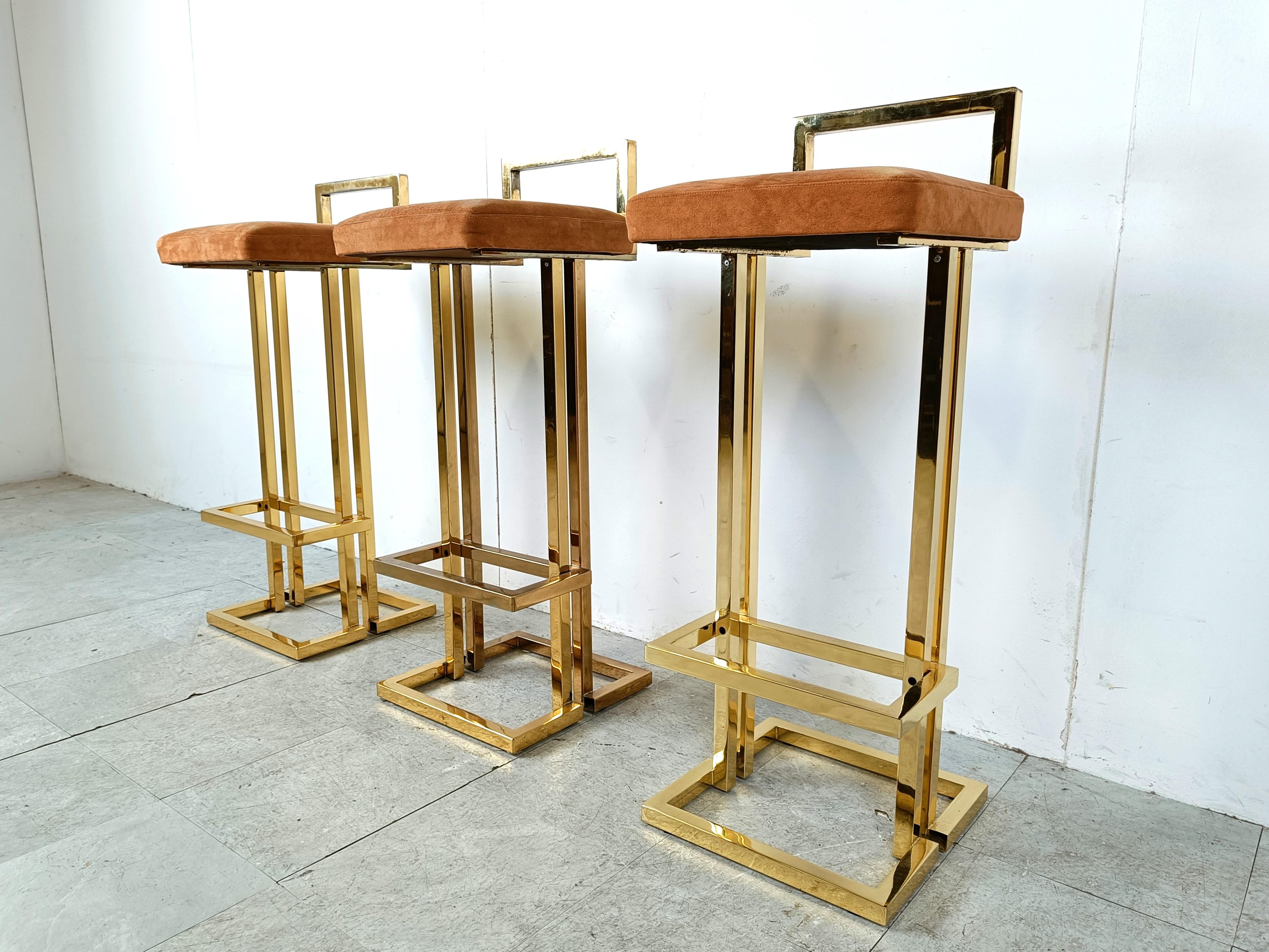 Gold Belgochrom brass bar stools, set of 3, 1970s