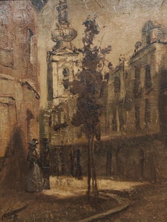 "Paesaggio urbano di Belgrado", olio su tela di Vladimir Mihokovic Miha* Jugoslavia 1985