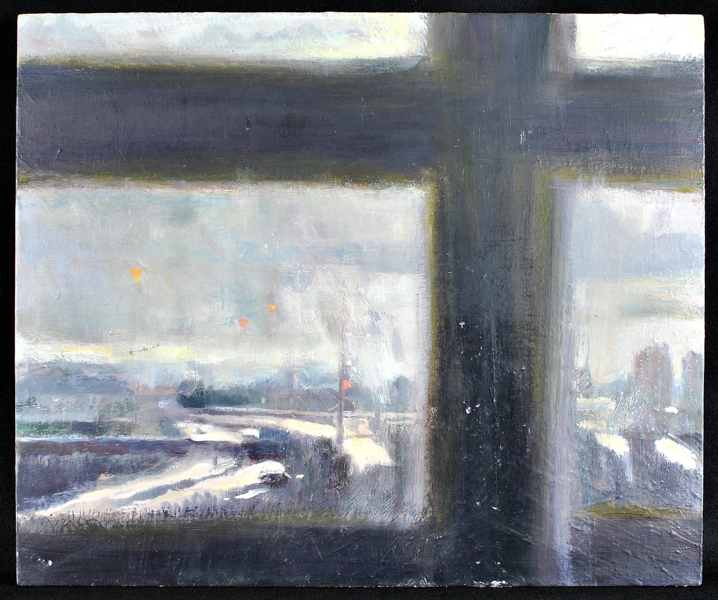 Vigil II - Paysage d'hiver recouvert de neige à travers une fenêtre Peinture impressionniste - Painting de Belinda Gilbert Scott
