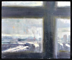 Vigil II - Snow Covered Winter Landscape Through Window Impressionist Painting
