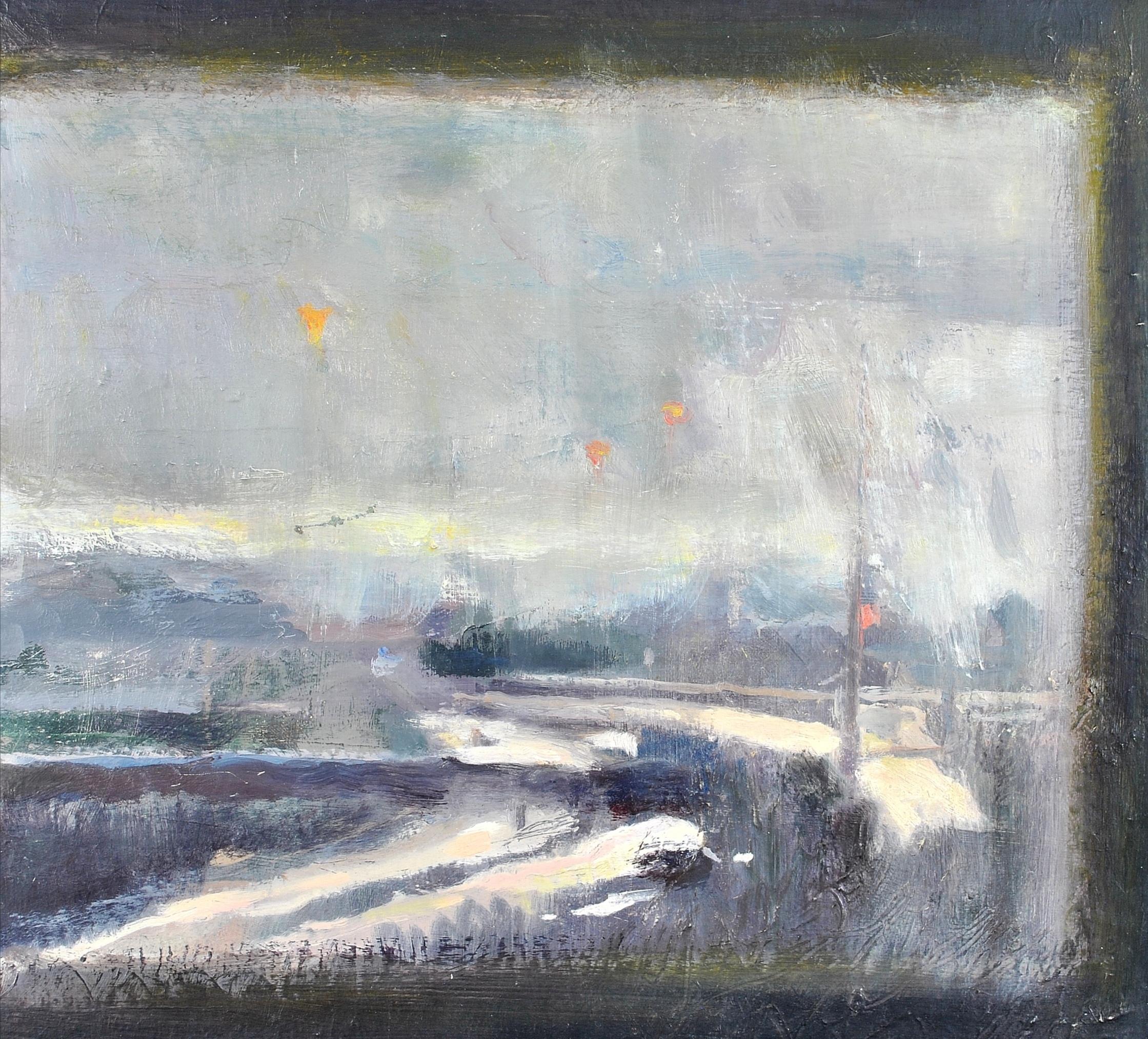 Vigil II - Snow Covered Winter Landscape Through Window Impressionist Painting - Gray Landscape Painting by Belinda Gilbert Scott