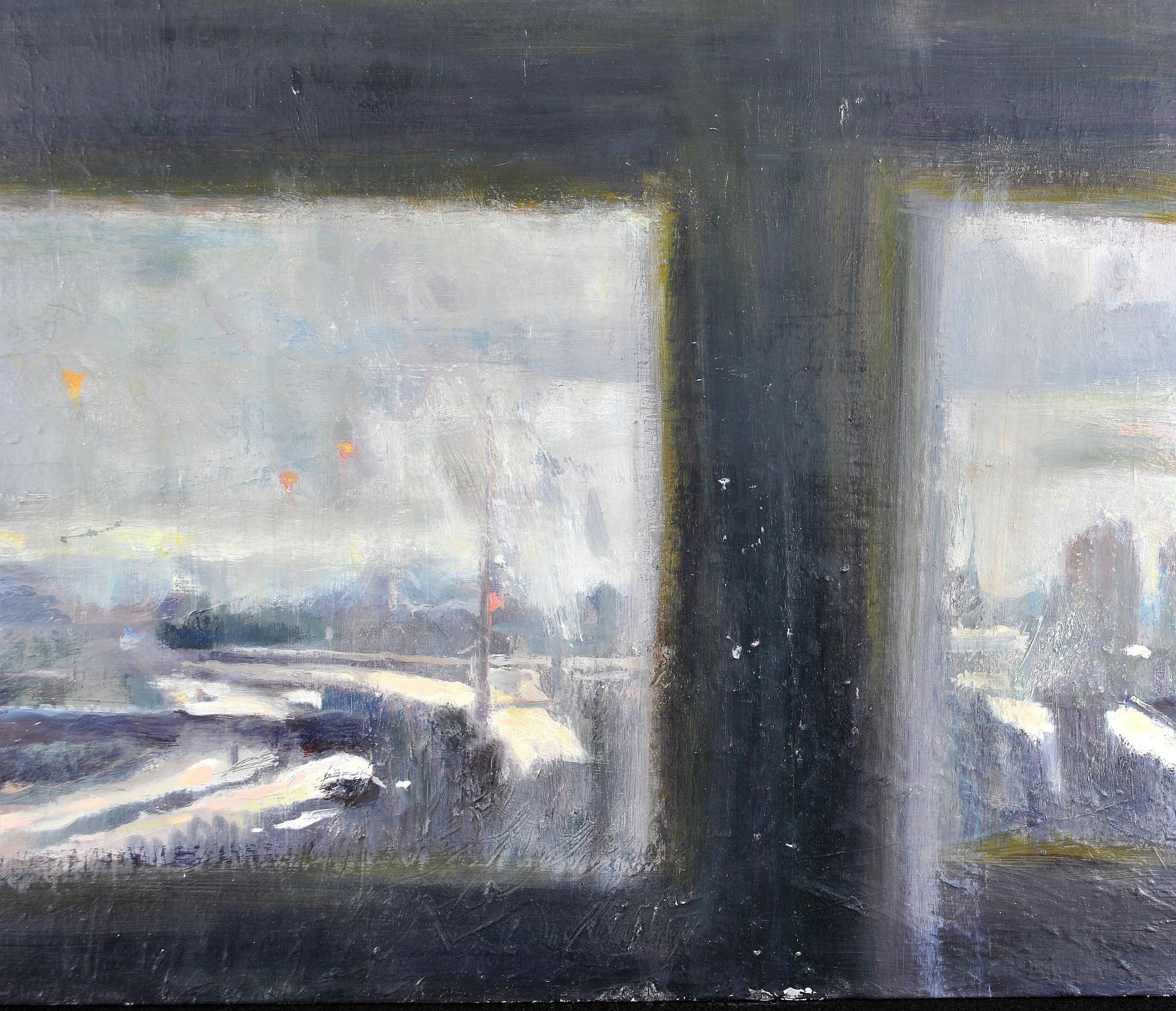 Vigil II - Paysage d'hiver recouvert de neige à travers une fenêtre Peinture impressionniste - Impressionnisme Painting par Belinda Gilbert Scott