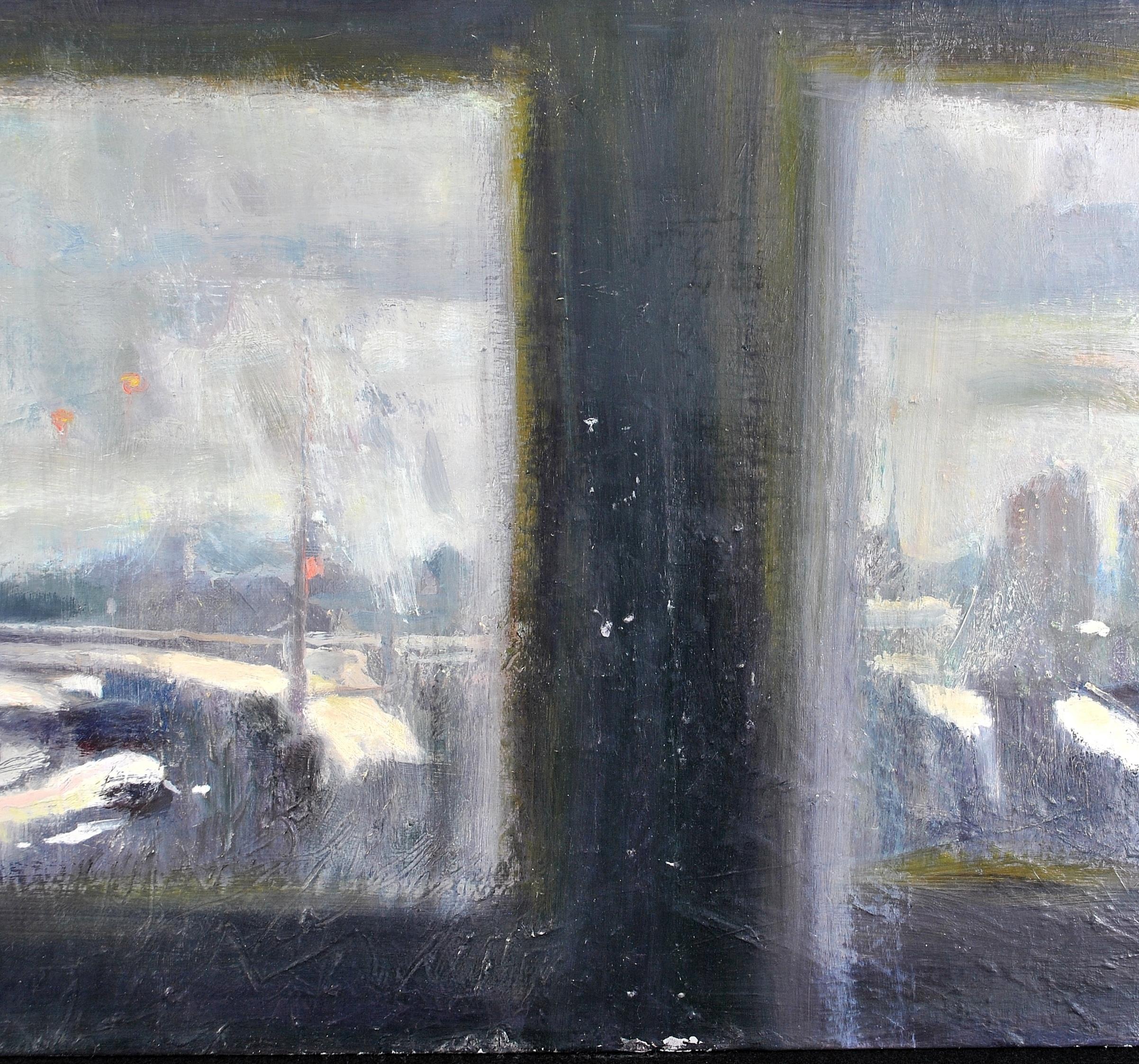 Vigil II - Paysage d'hiver recouvert de neige à travers une fenêtre Peinture impressionniste - Gris Landscape Painting par Belinda Gilbert Scott