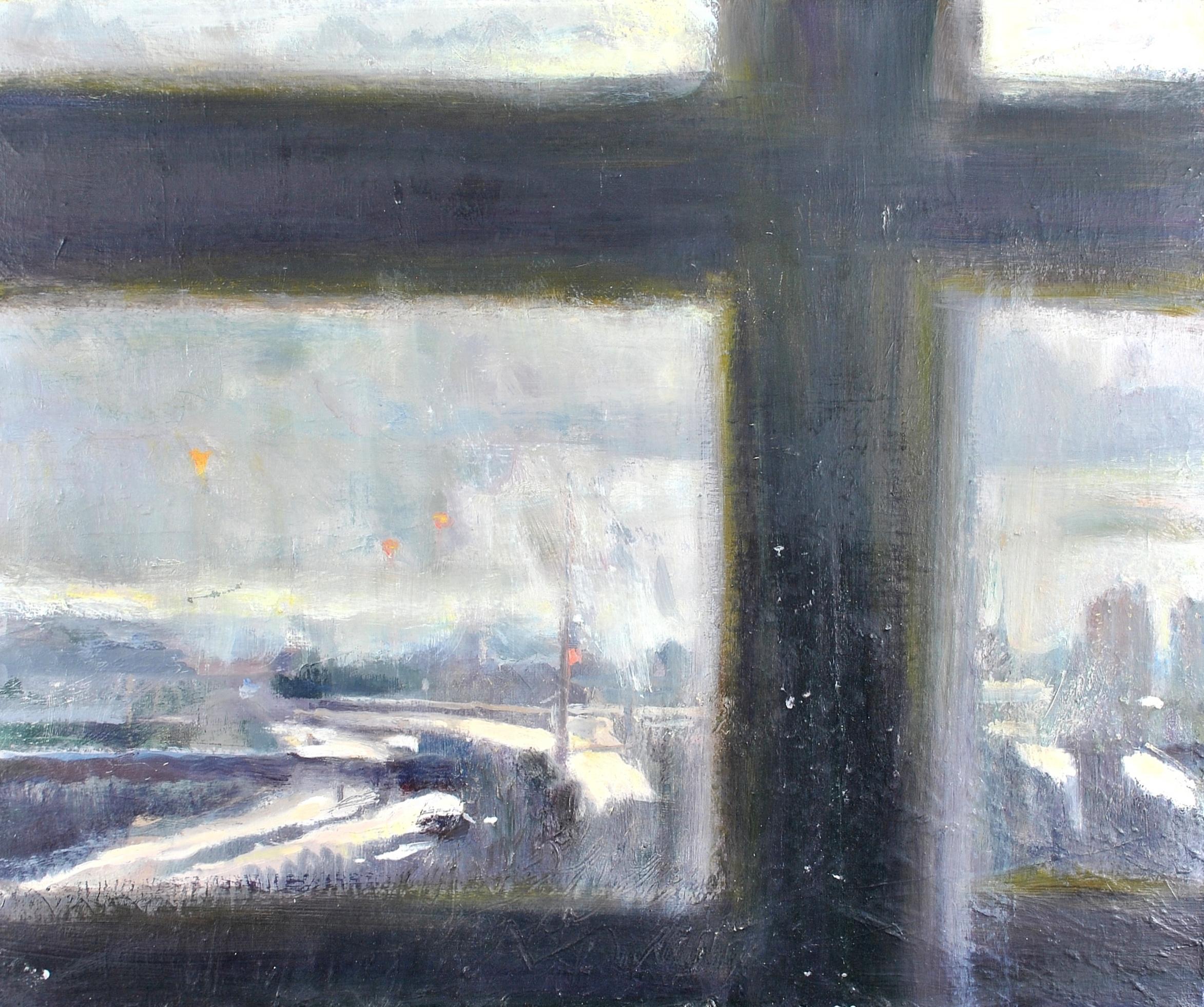 Landscape Painting Belinda Gilbert Scott - Vigil II - Paysage d'hiver recouvert de neige à travers une fenêtre Peinture impressionniste