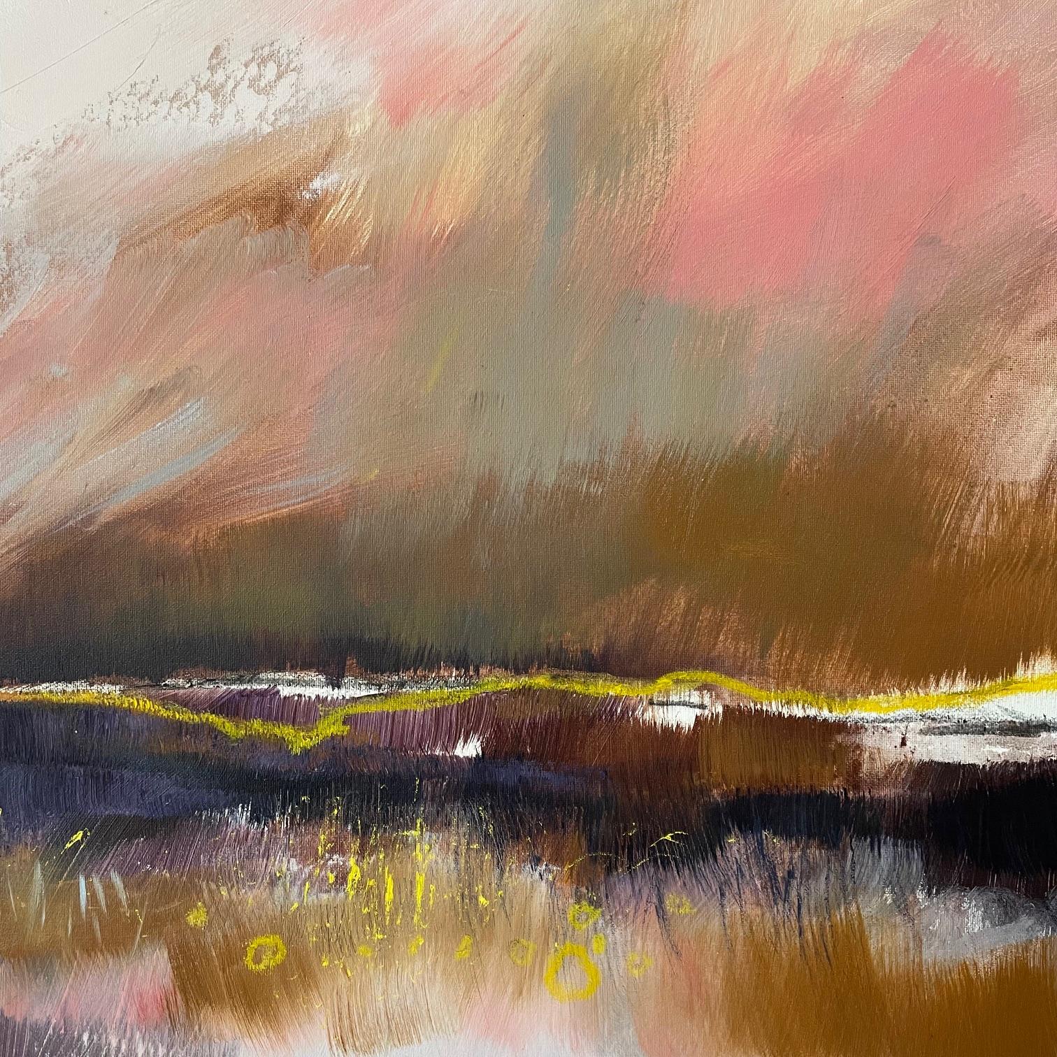Calm and Peace is a piece inspired by the open landscape and moors. Being out in big spaces with big skies always brings a sense of calm and tranquility. I've worked on this painting in layers starting with acrylics and charcoal and working in