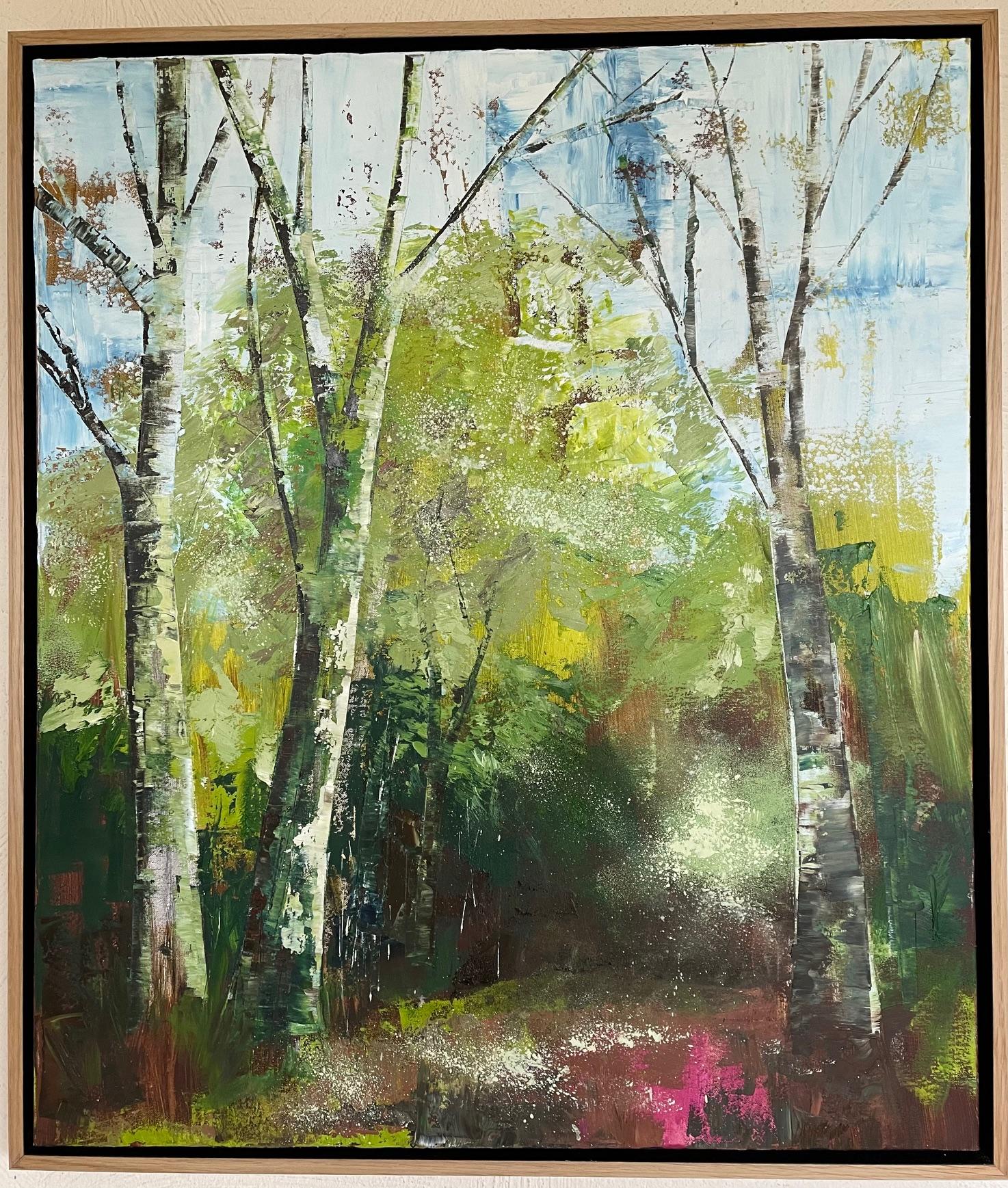 This treescape is full of colour to reflect the happiness I felt when I was walking along this lovely path which leads to the coast and out to freedom! It was winter but the sun was shining and the colours intense. This painting is framed in a wood