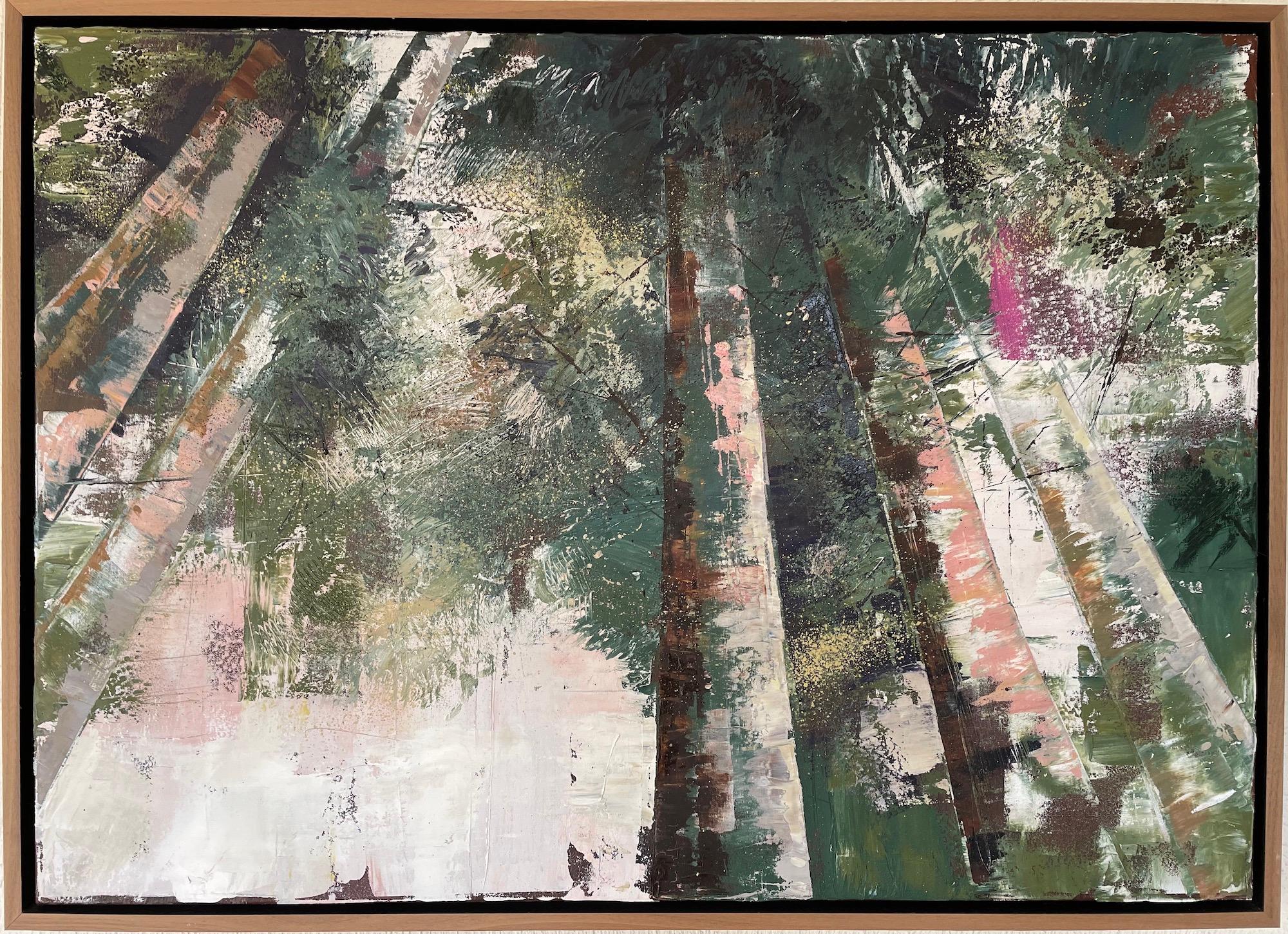 Looking up through the tree tops brings a sense of freedom. I love the way the light shines through the branches creating patterns and textures. I've worked in acrylics for the first layer to create bright bursts of pink. Then layers of oil paint to