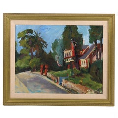 Vintage Red Residence California Landscape Painting