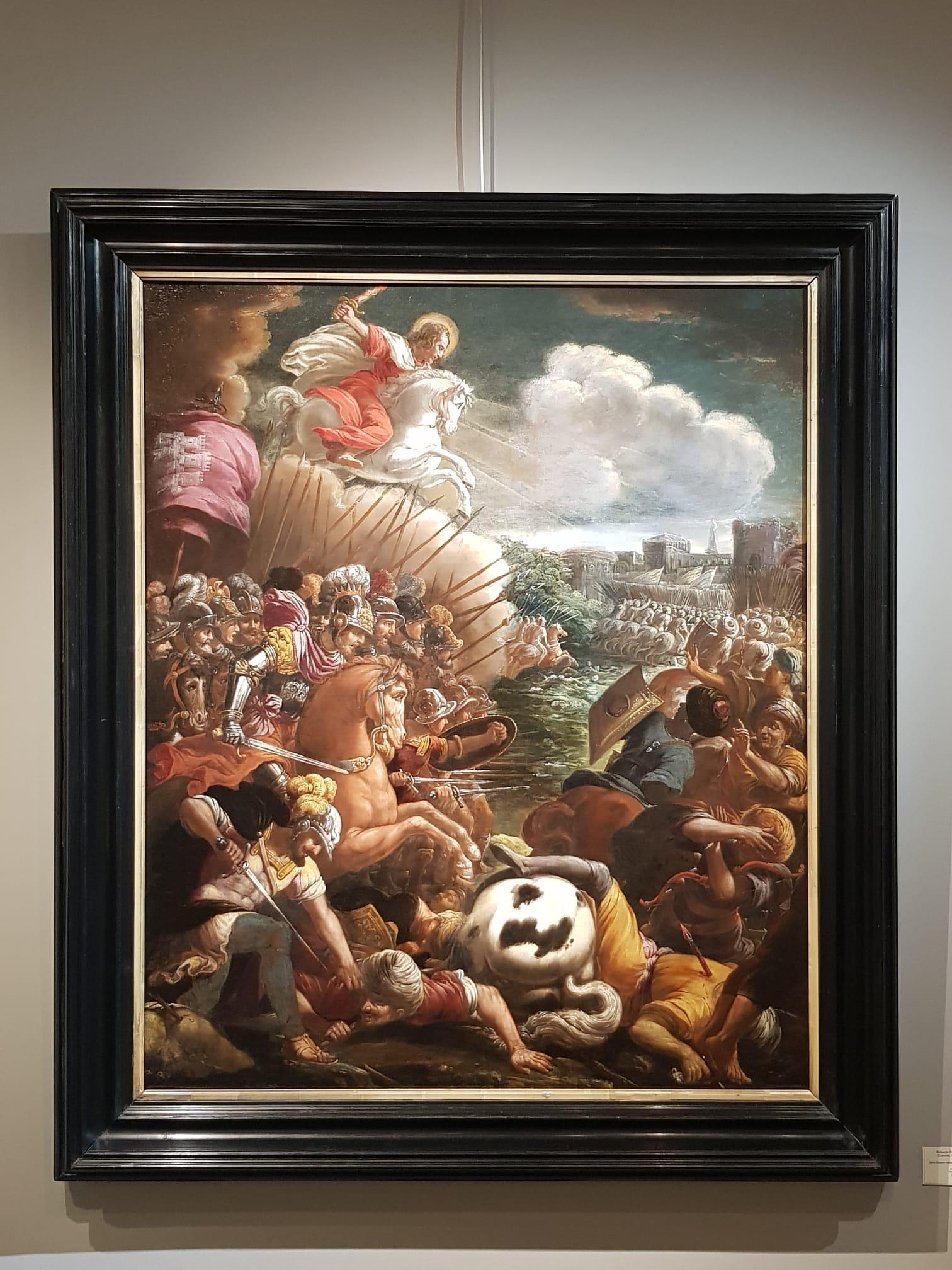 Belisario CORENZIO et son atelier
(Cyparisse, 1558 - Naples, 1646)
Taureau de Saint-Jacques à la bataille de Clavijo
H. 120 cm ; L. 98 cm
Vers 1600

Cette peinture maniériste ardente et colorée est l'œuvre d'un artiste de l'école napolitaine, à