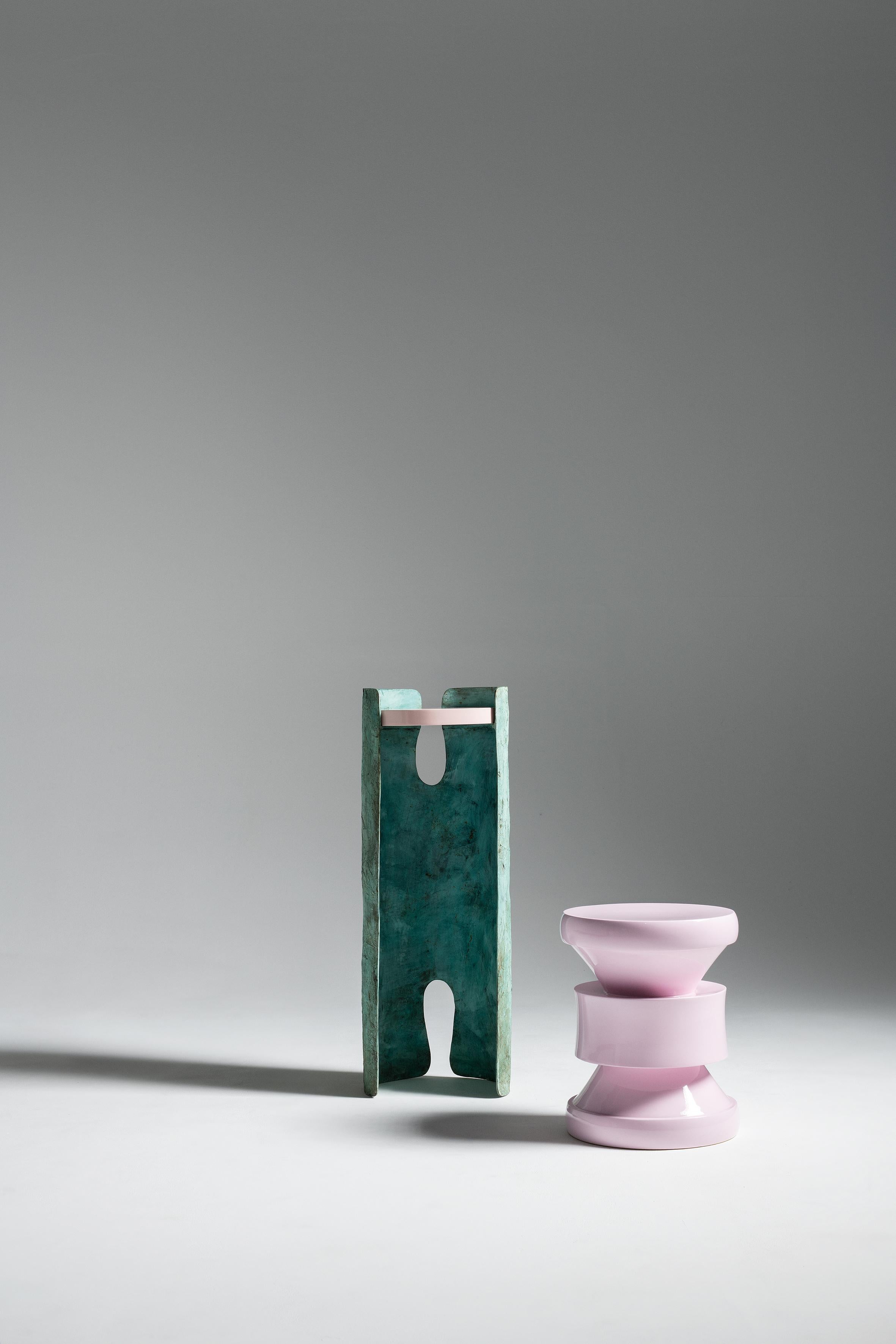 Memphis, France, Le Berre Vevaud
Empreinte Collection
Verdigris bronze leg
Bronze tray, also available in glossy lacquered wood

For their second collection, Raphaël Le Berre and Thomas Vevaud highlight the 