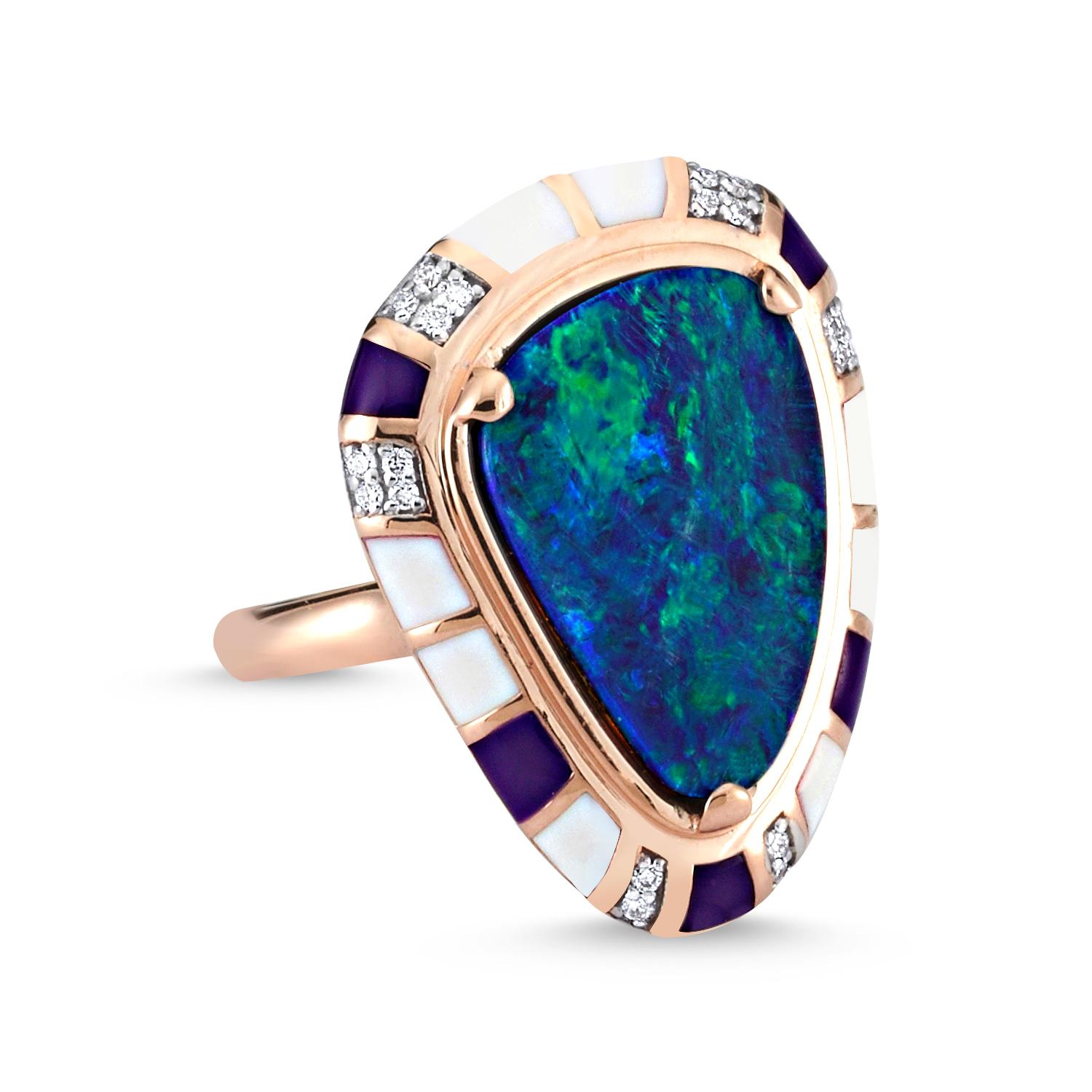 The Treasures of The Sea Collection is inspired by the water element which represents the treasures and natural stones hidden in the depths of the sea.

Belize ring in 14k Rose gold with diamond and blue opal by Selda Jewellery

Additional