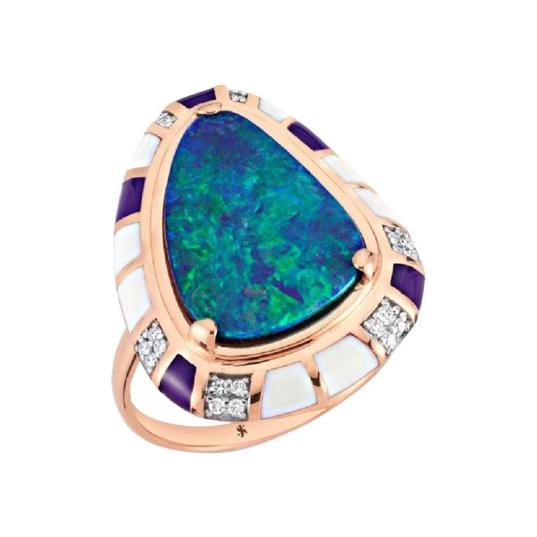 Belize Ring in 14k Rose Gold with Diamond and Blue Opal For Sale