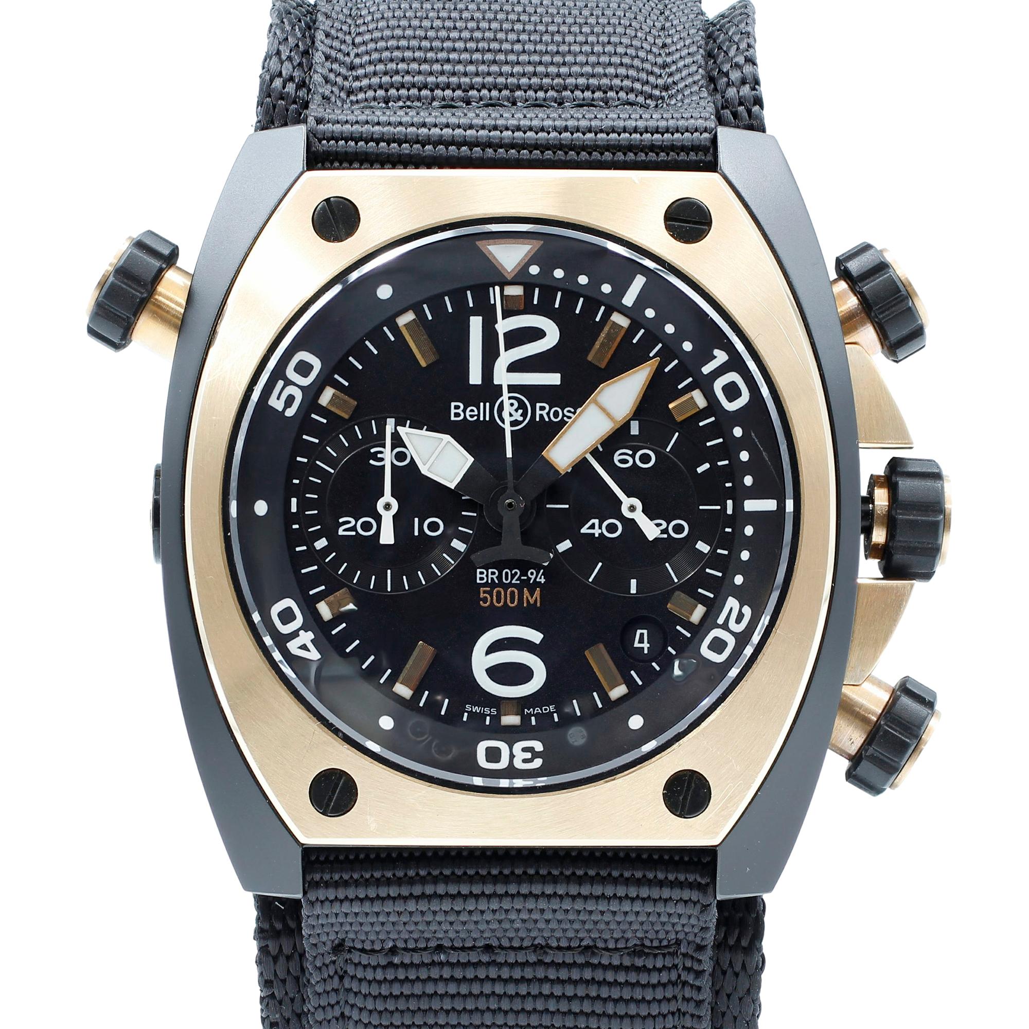 Brand	Bell & Ross
Series	Marine
Model Number	BR02-CHR-BICOLO
Box	Yes
Papers	No
Seller Warranty Provided
Movement	Automatic Self Wind
Gender	Mens
Case Material	Stainless Steel
Case Shape	Tonneau
Case Diameter w/ crown	49mm
Case Diameter	44mm
Bezel