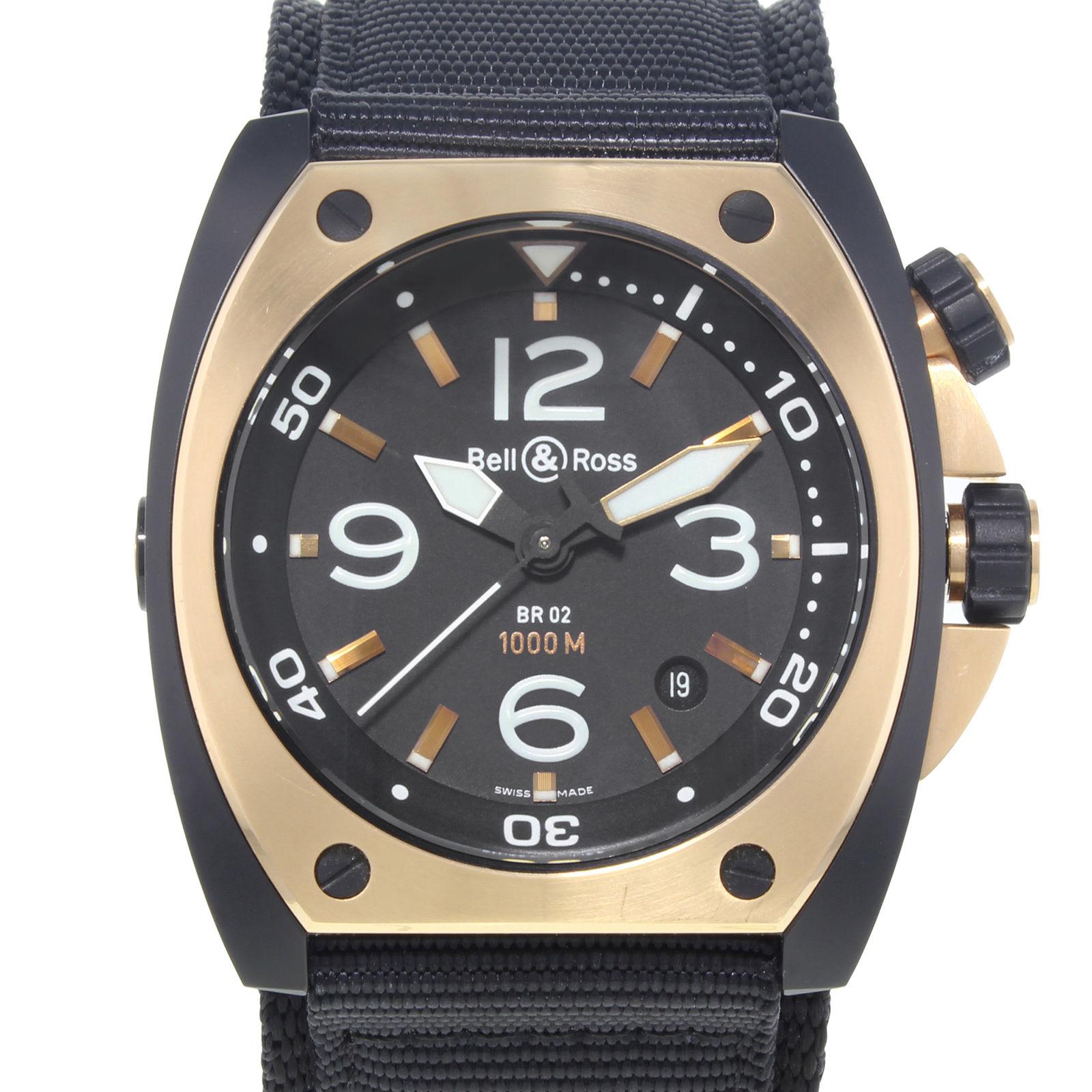 This display model Bell & Ross Marine  BR02‑PINK GOLD‑CA is a beautiful men's timepiece that is powered by an automatic movement which is cased in a stainless steel case. It has a tonneau shape face, date dial, and has hand sticks & numerals style
