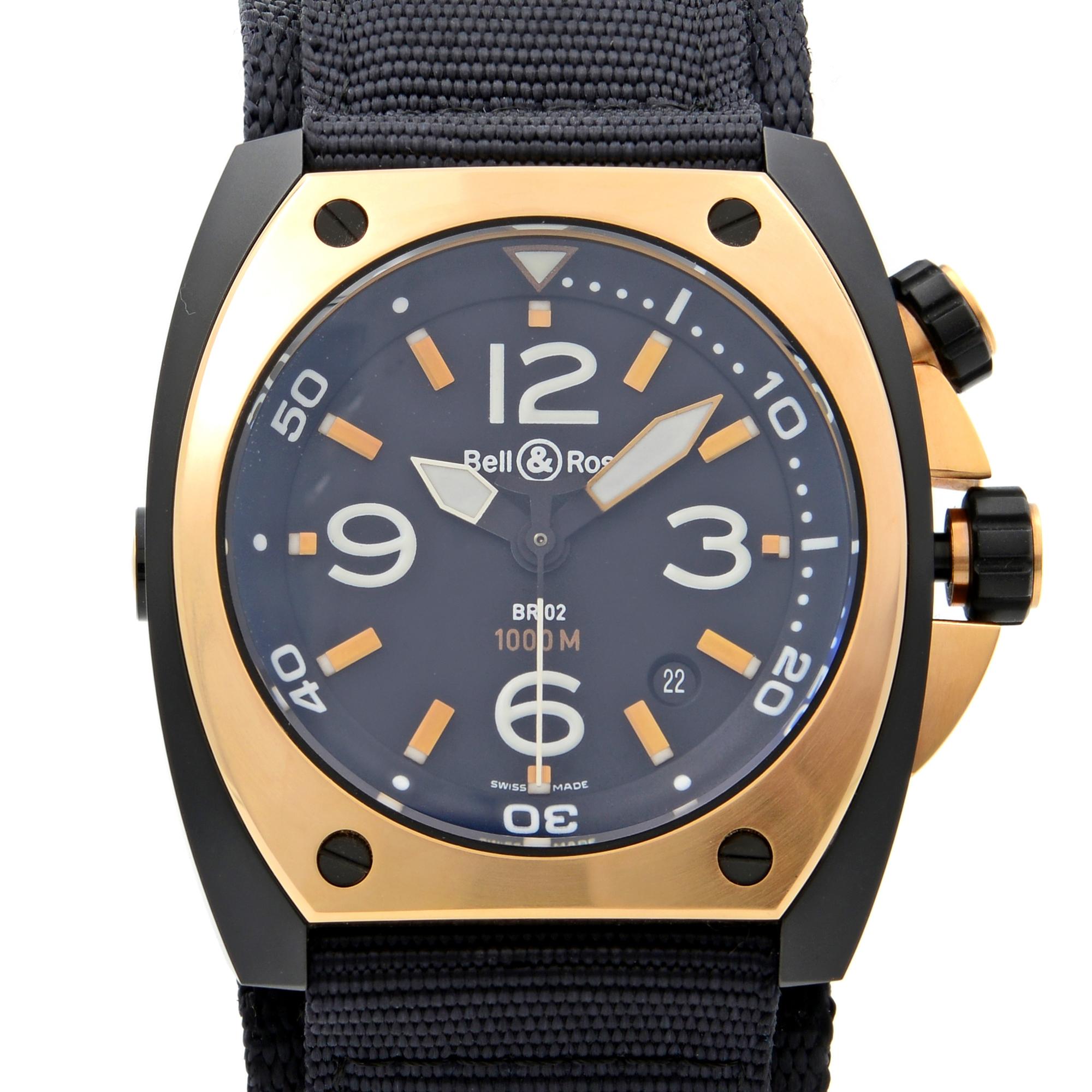 This pre-owned Bell & Ross Marine BR02‑PINKGOLD‑CA is a beautiful men's timepiece that is powered by mechanical (automatic) movement which is cased in a stainless steel case. It has a tonneau shape face, no features dial and has hand sticks &
