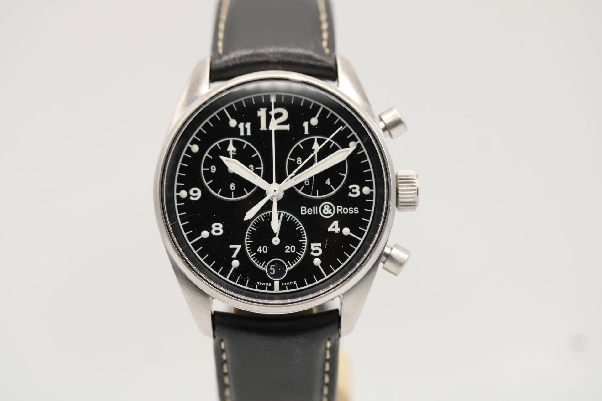 Watch: Bell and Ross Vintage 120
Stock Number: CHW5422
Price: £1150.00

A beautiful looking Chronograph Vintage 120 Bell and Ross is a hard to find model and even more so with a black dial.

38mm stainless steel case this is a quartz battery powered