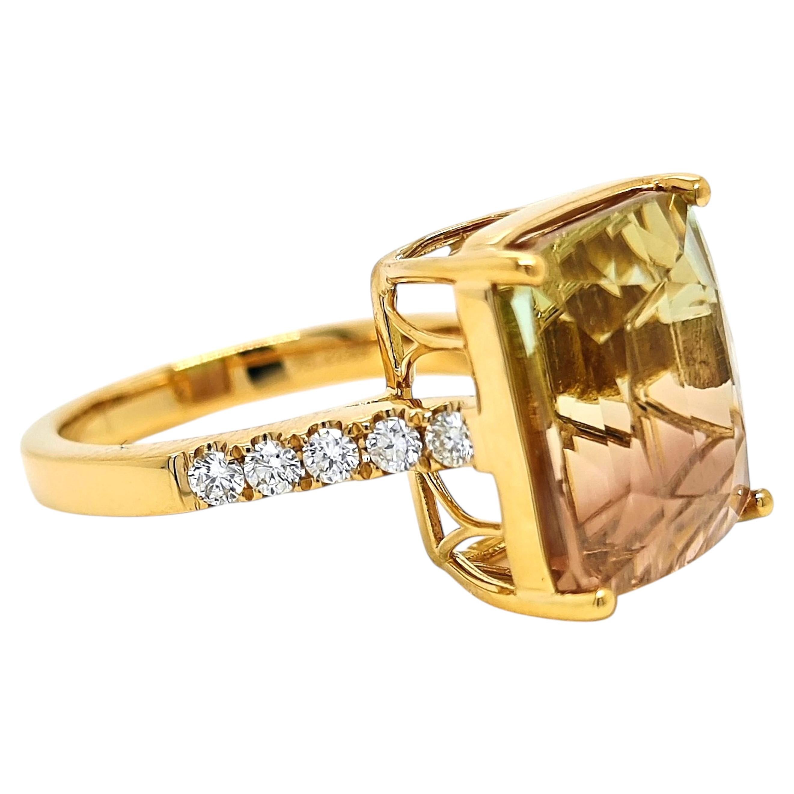 Anello in oro giallo con diamante rotondo e tormalina da 13,90 carati, certificato BELL