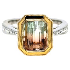 BELL Certified 5.18 Carat Tourmaline Round Diamond Yellow and White Gold Ring