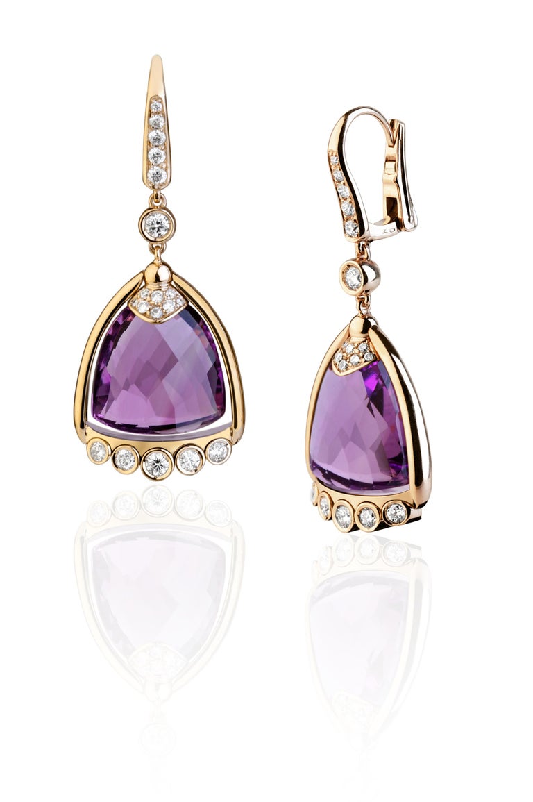 Modern Bell Collection by Angeletti, Gold Earrings with Amethyst and Diamonds For Sale
