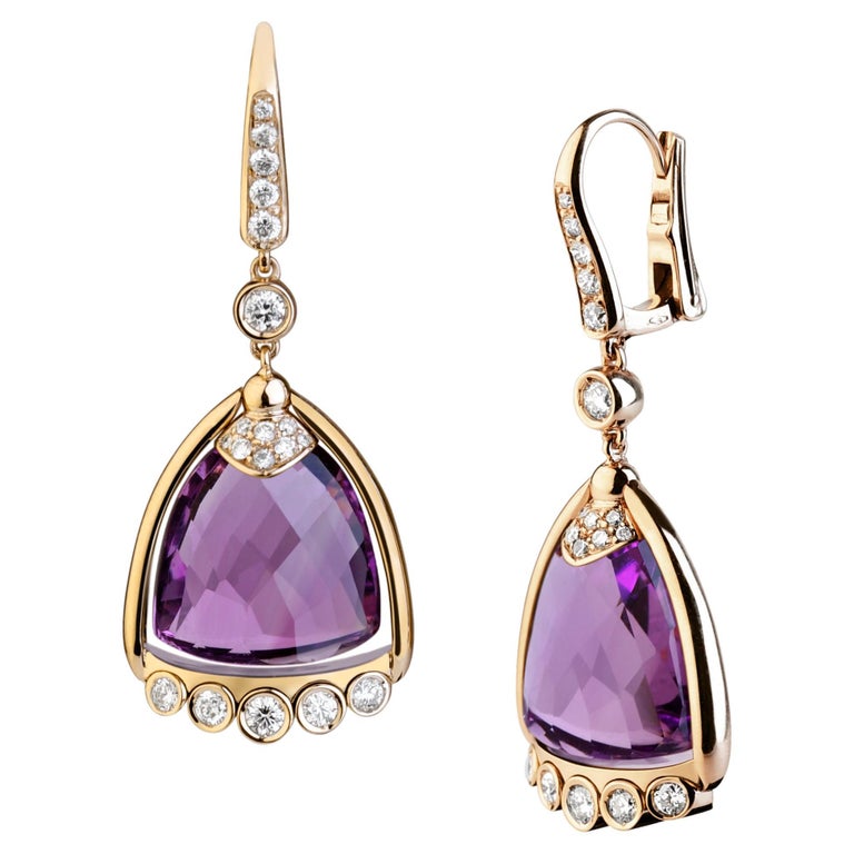 Bell Collection by Angeletti, Gold Earrings with Amethyst and Diamonds For Sale
