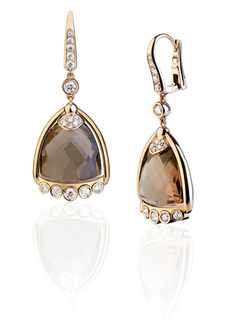 Modern Bell Collection by Angeletti, Gold Earrings with Smoky Quartz and Diamonds For Sale