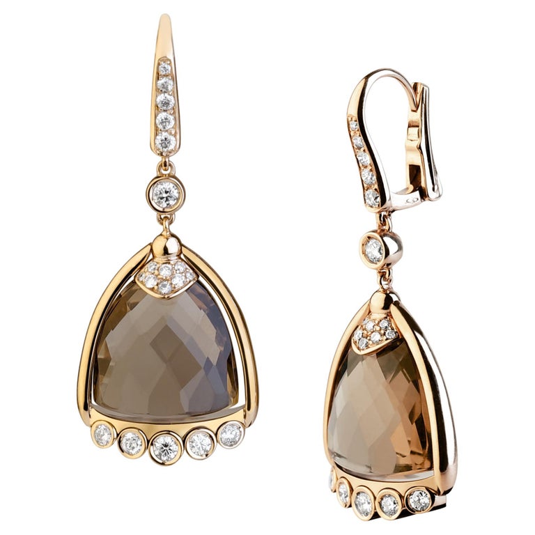 Bell Collection by Angeletti, Gold Earrings with Smoky Quartz and Diamonds For Sale