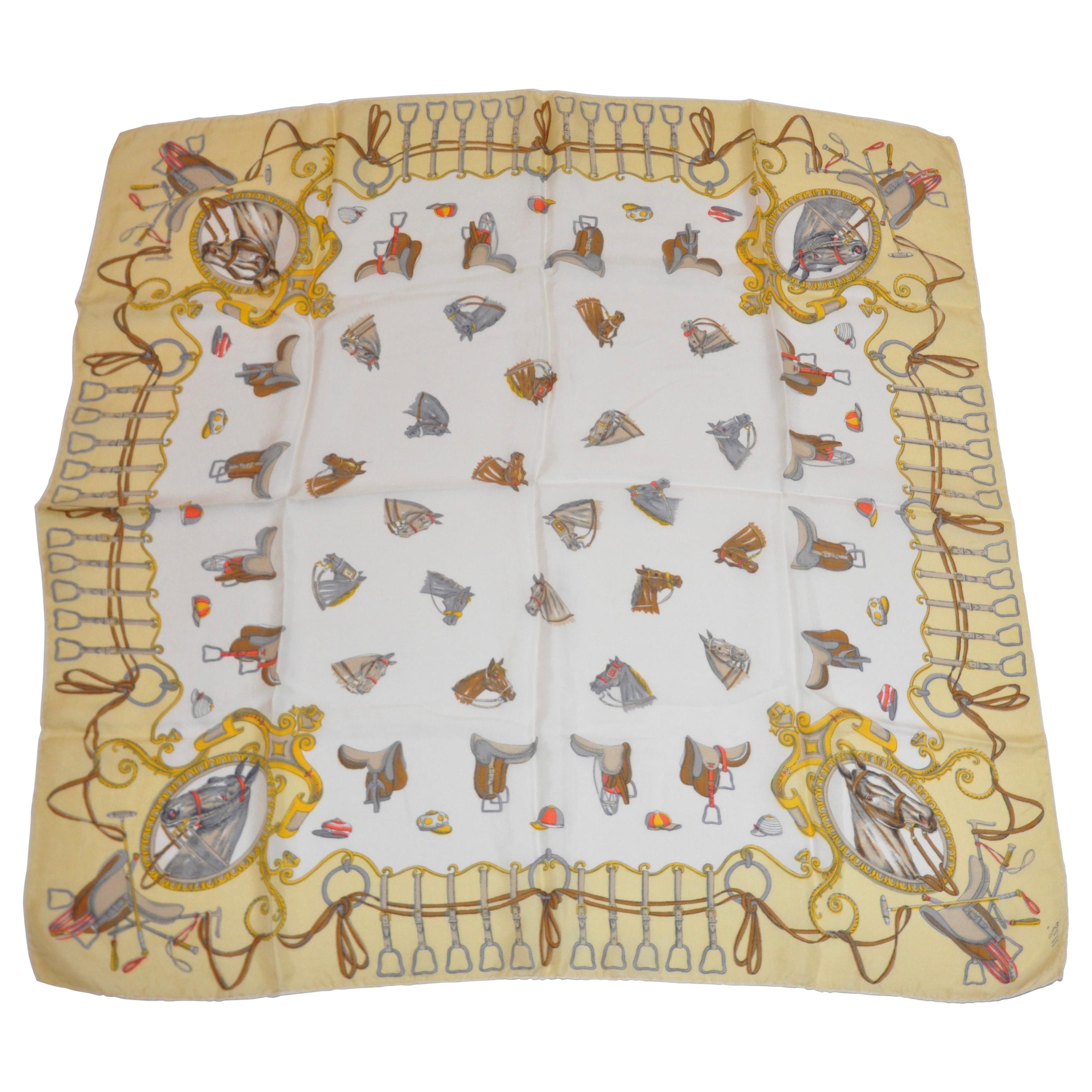 Bell "Horses & Riding Crops" Cream & Beige Silk Scarf For Sale
