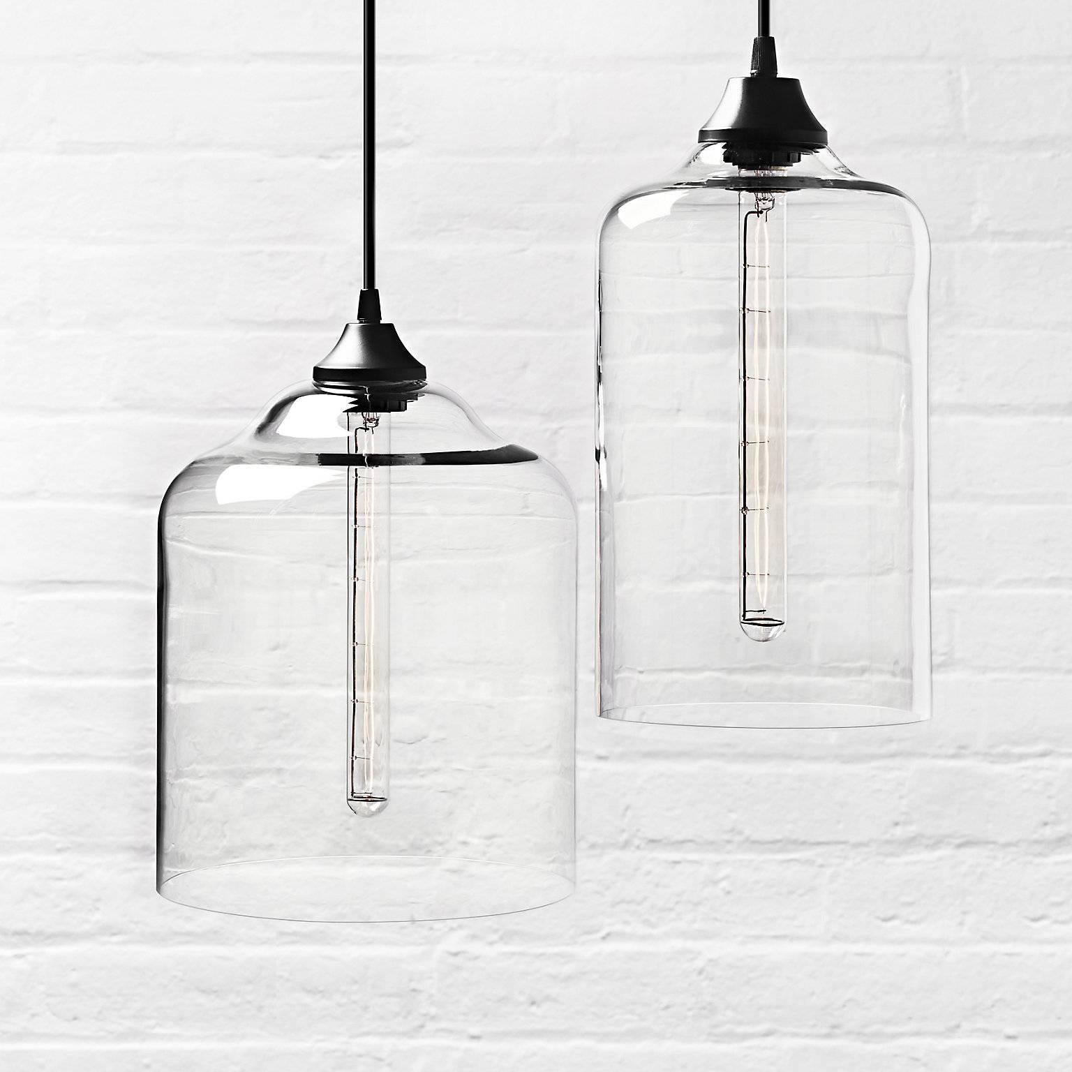 Contemporary Bell Jar Crystal Handblown Modern Glass Pendant Light, Made in the USA For Sale