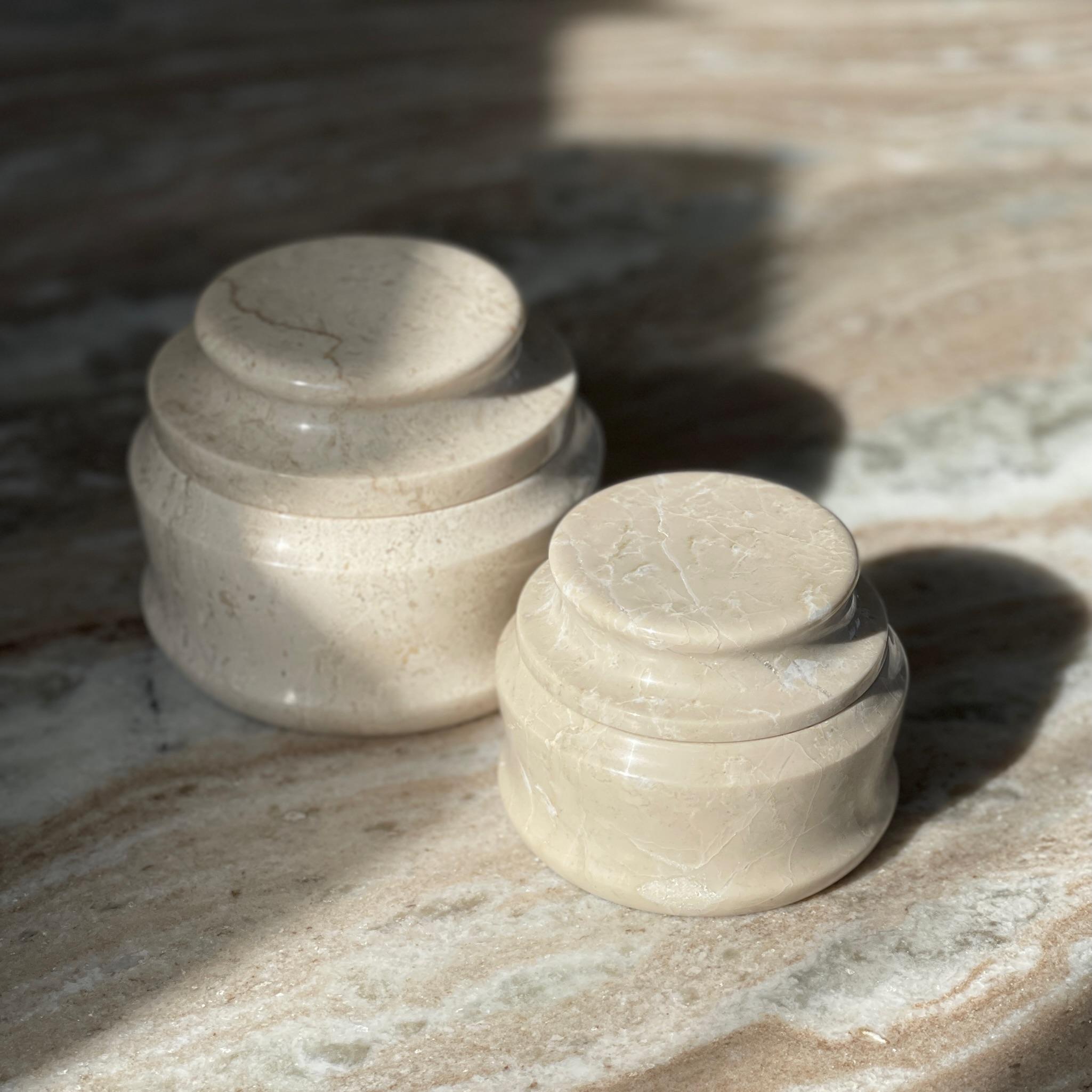 Indian Bell Jar Set: Lidded Jar Set in Oyster Italian Greige Marble by Anastasio Home For Sale