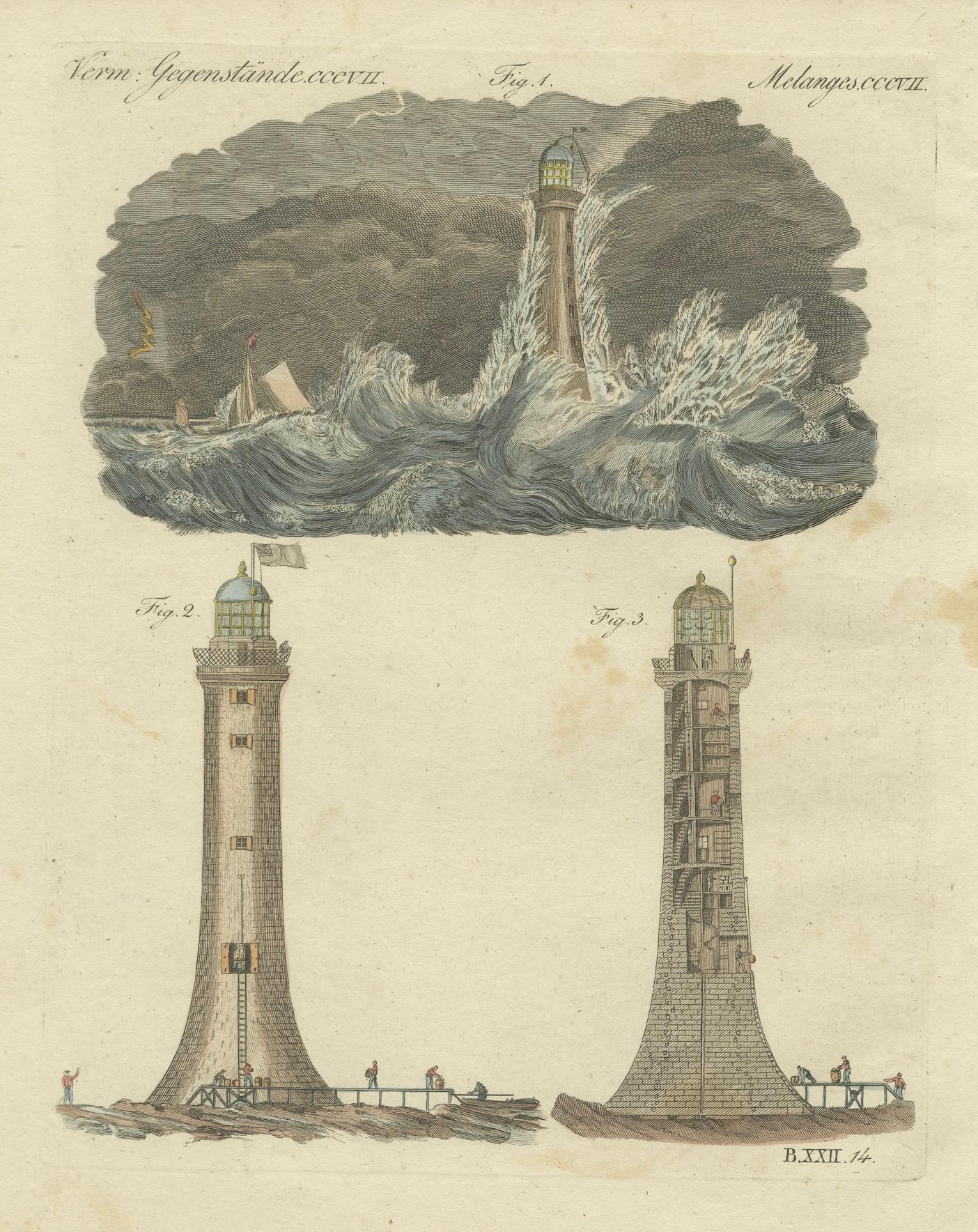 The image depicts the Bell Rock Lighthouse in a colored engraving, created by an artist from the German School in the 19th century. The illustration dates back to 1790 AD and is part of a collection titled 