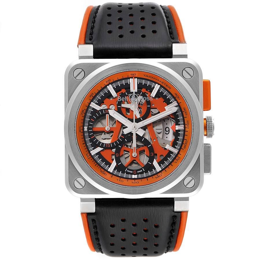 Bell & Ross Aero GT Orange Skeleton Steel Mens Watch BR0394. Automatic self-winding movement. Stainless steel square case 42.0 mm in diameter. Open balance on a case back. Stainless steel smooth bezel. Scratch resistant sapphire crystal. Orange