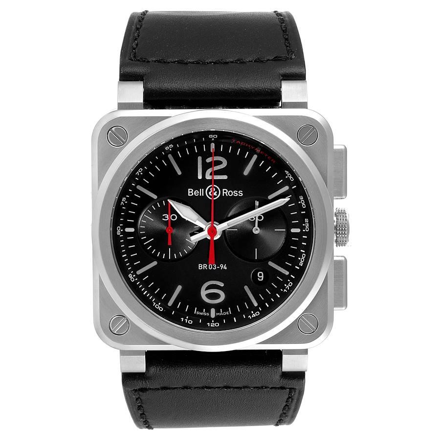 Bell & Ross Aviation Black Dial Chronograph Steel Mens Watch BR0394 Unworn. Automatic self-winding chronograph movement. Stainless steel square case 42.0 mm in diameter. Stainless steel smooth bezel. Scratch resistant sapphire crystal. Black dial