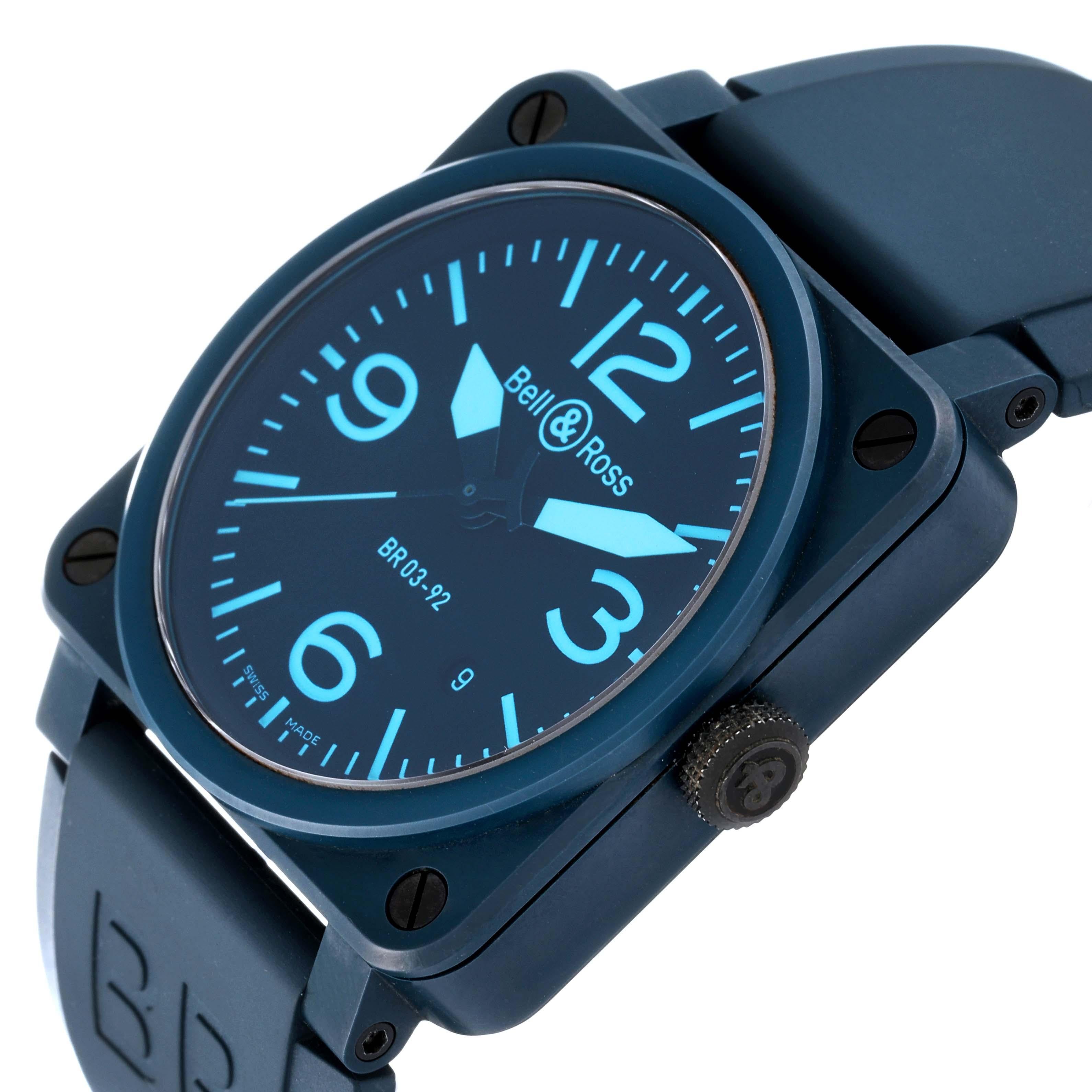 Bell & Ross Aviation Blue Ceramic Mens Watch BR03-92 Box Card. Automatic self-winding movement. Blue ceramic square case 42mm x 42mm. Blue ceramic bezel. Scratch resistant sapphire crystal with anti-reflective coating. Blue dial with blue hands and